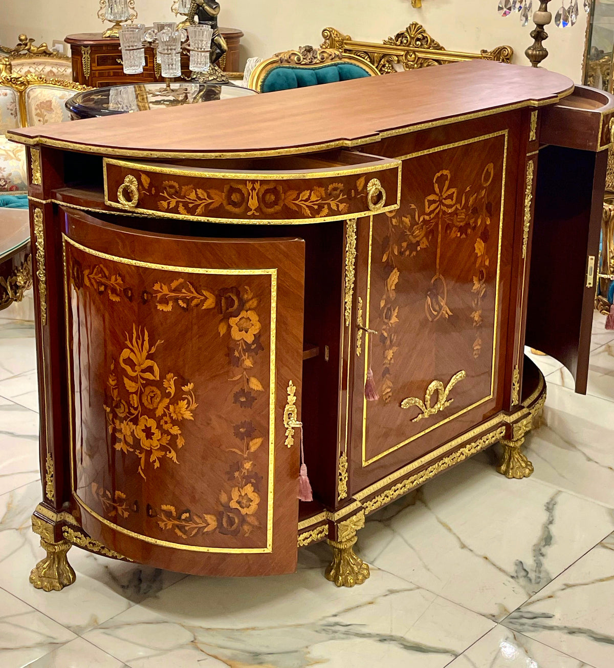Grand French Louis XVI-Style Commode – Floral Marquetry, Marble Top & Gilded Decorative Details