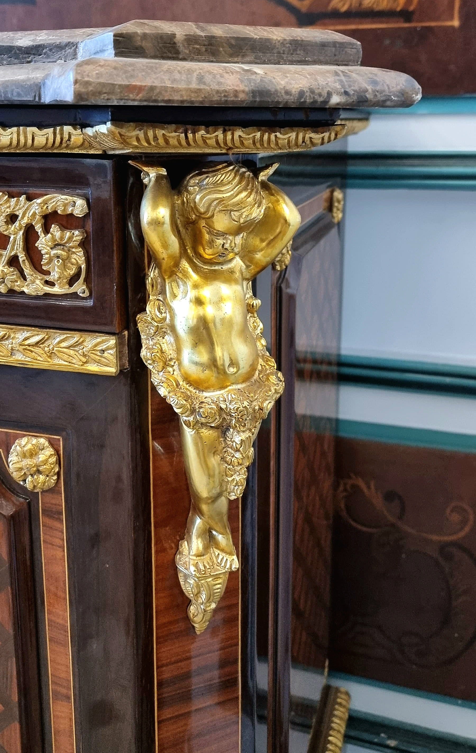 Grand French Louis XVI Style Sideboard – Heavy Wood, Marble Top, Gilded Bronze & Central Scenic Panel