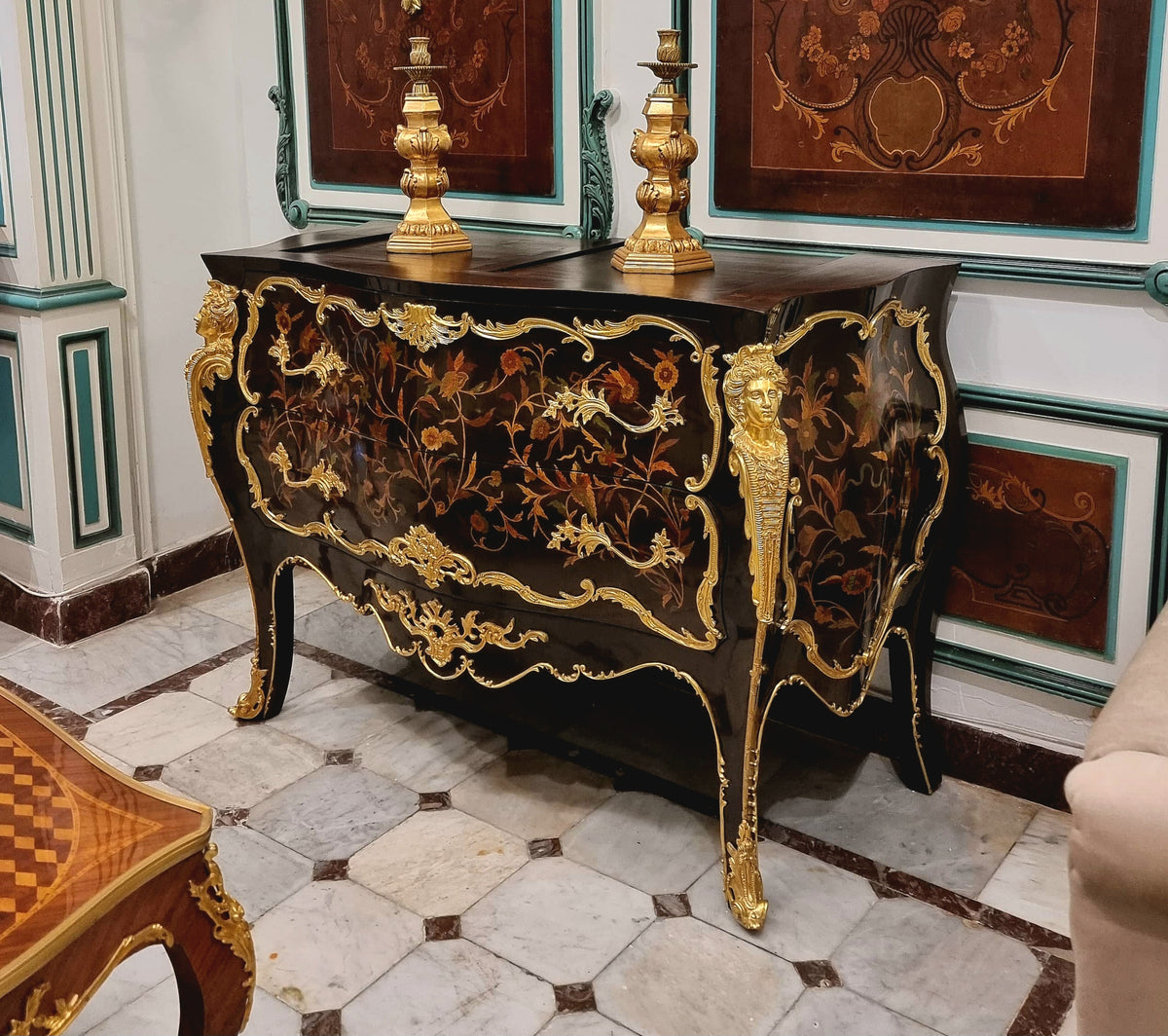 French Boulle Style Commode – Dark Wood Cabinet with Gold Leaf Ornaments & Two Large Drawers