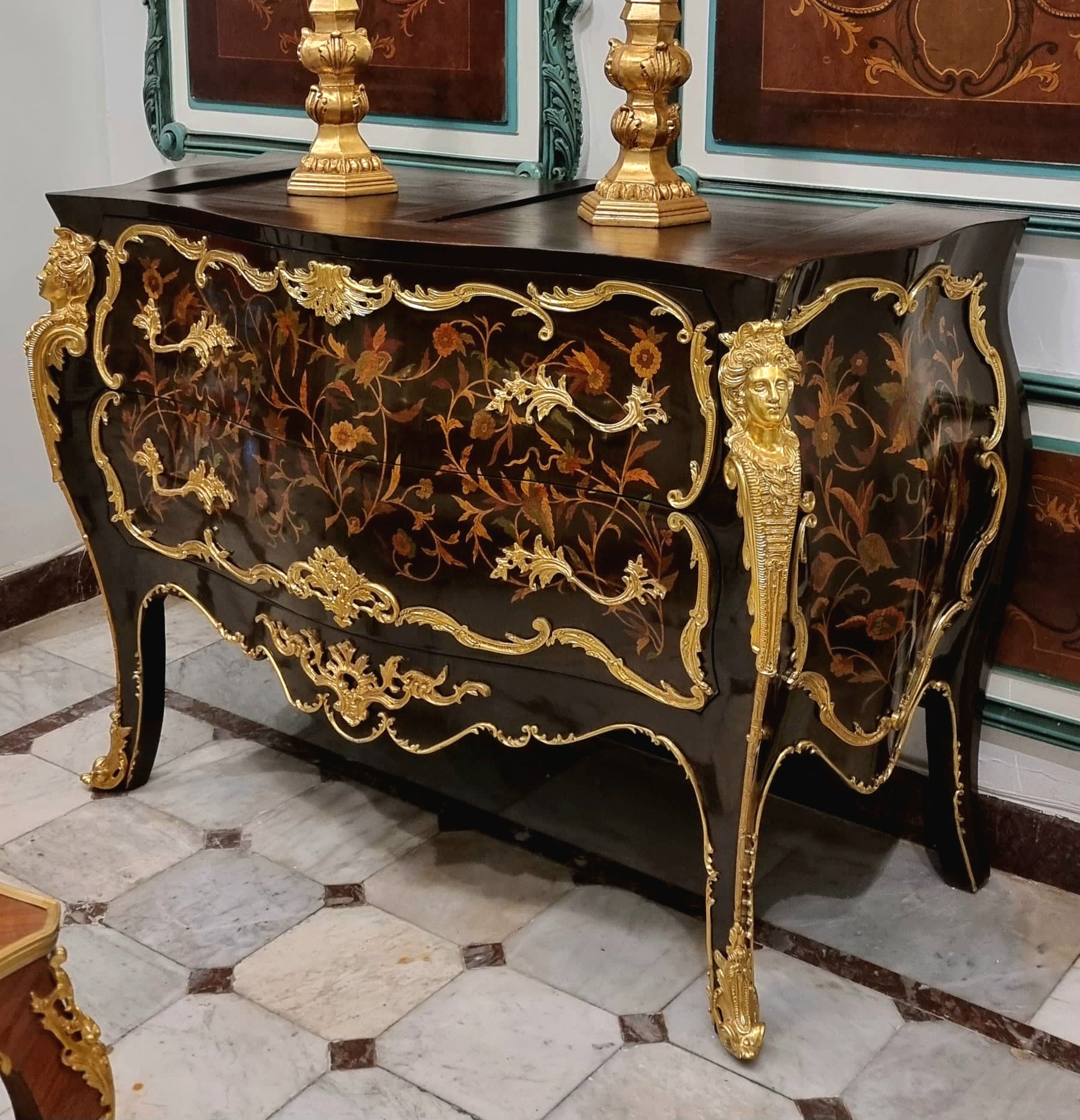 French Boulle Style Commode – Dark Wood Cabinet with Gold Leaf Ornaments & Two Large Drawers
