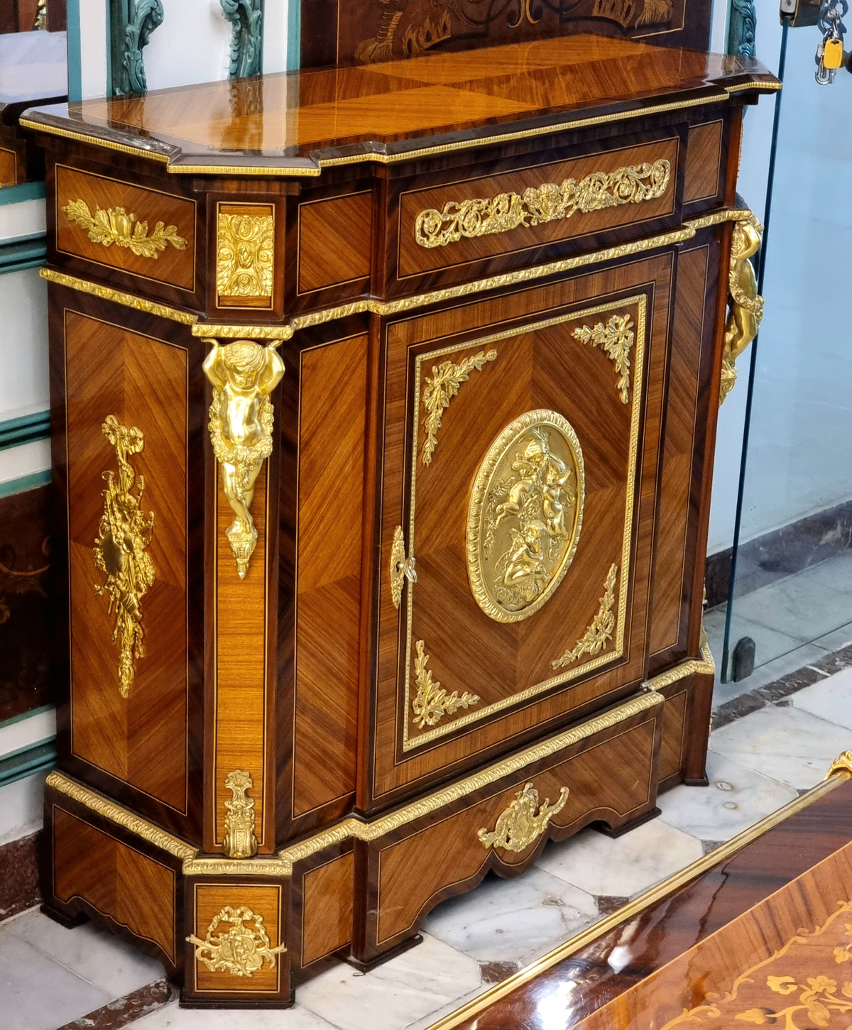 Grand French Louis XVI Style Cabinet – Rich Wood Finish with Gold Leaf & Ornate Bronze Details