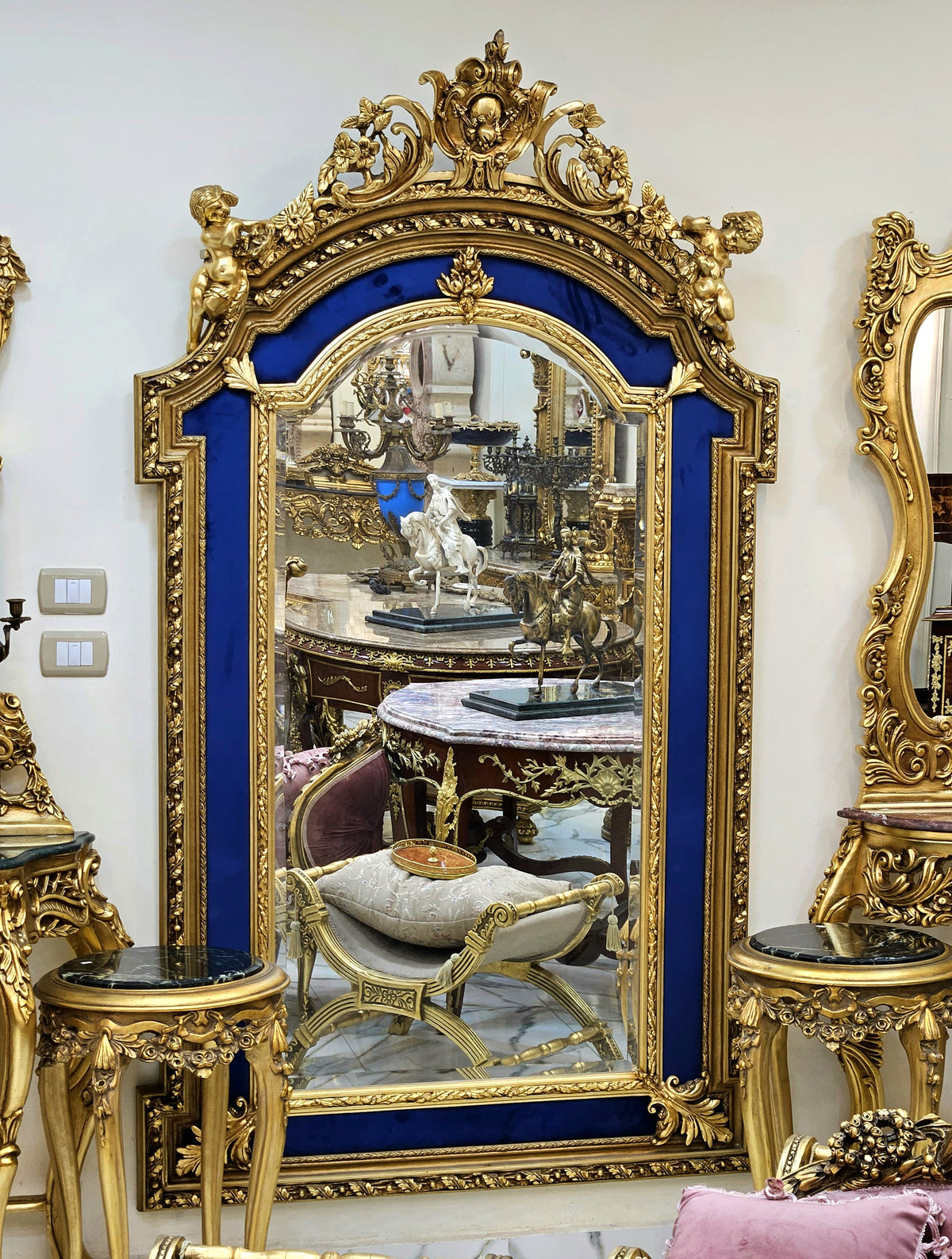 Regal French Baroque Mirror – Gilded Ornate Frame with Royal Blue Velvet Panels & Cherub Crest