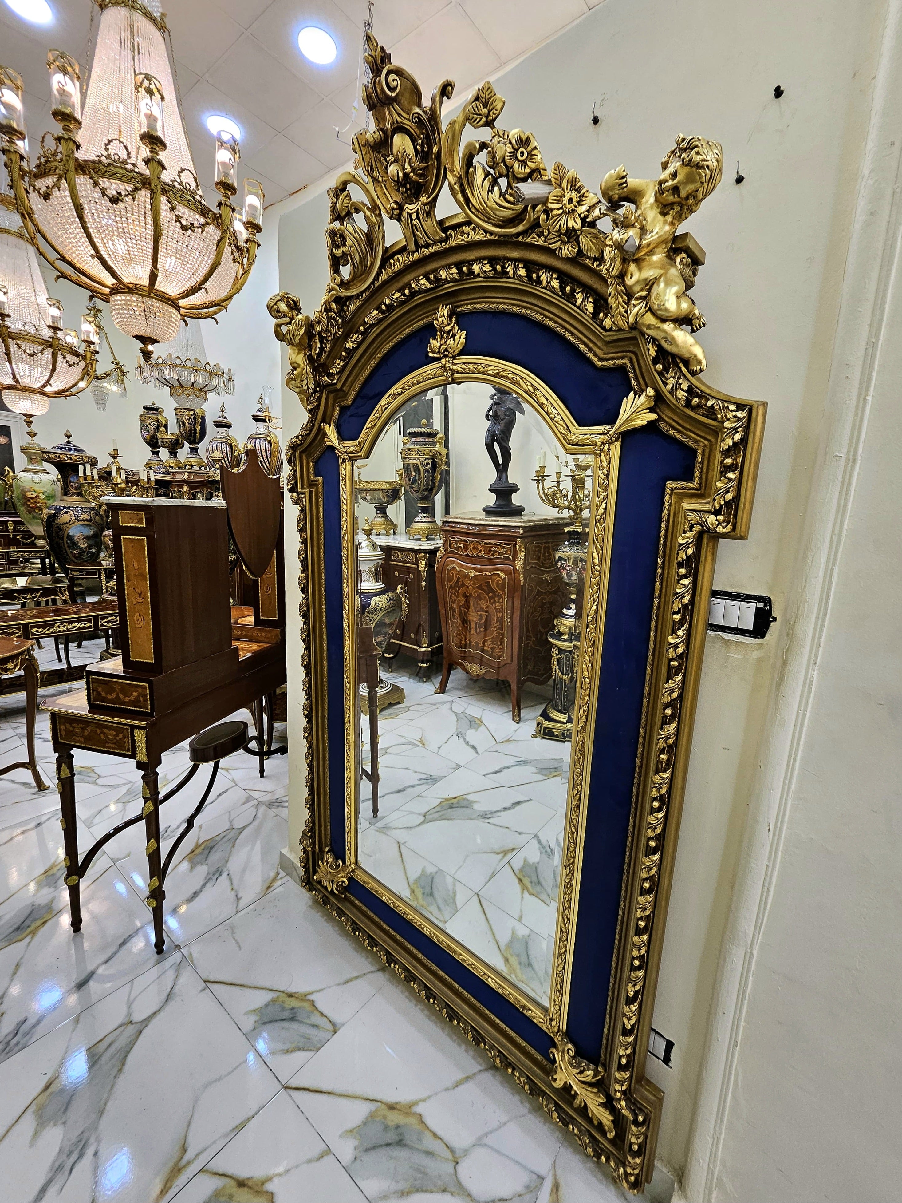 Regal French Baroque Mirror – Gilded Ornate Frame with Royal Blue Velvet Panels & Cherub Crest