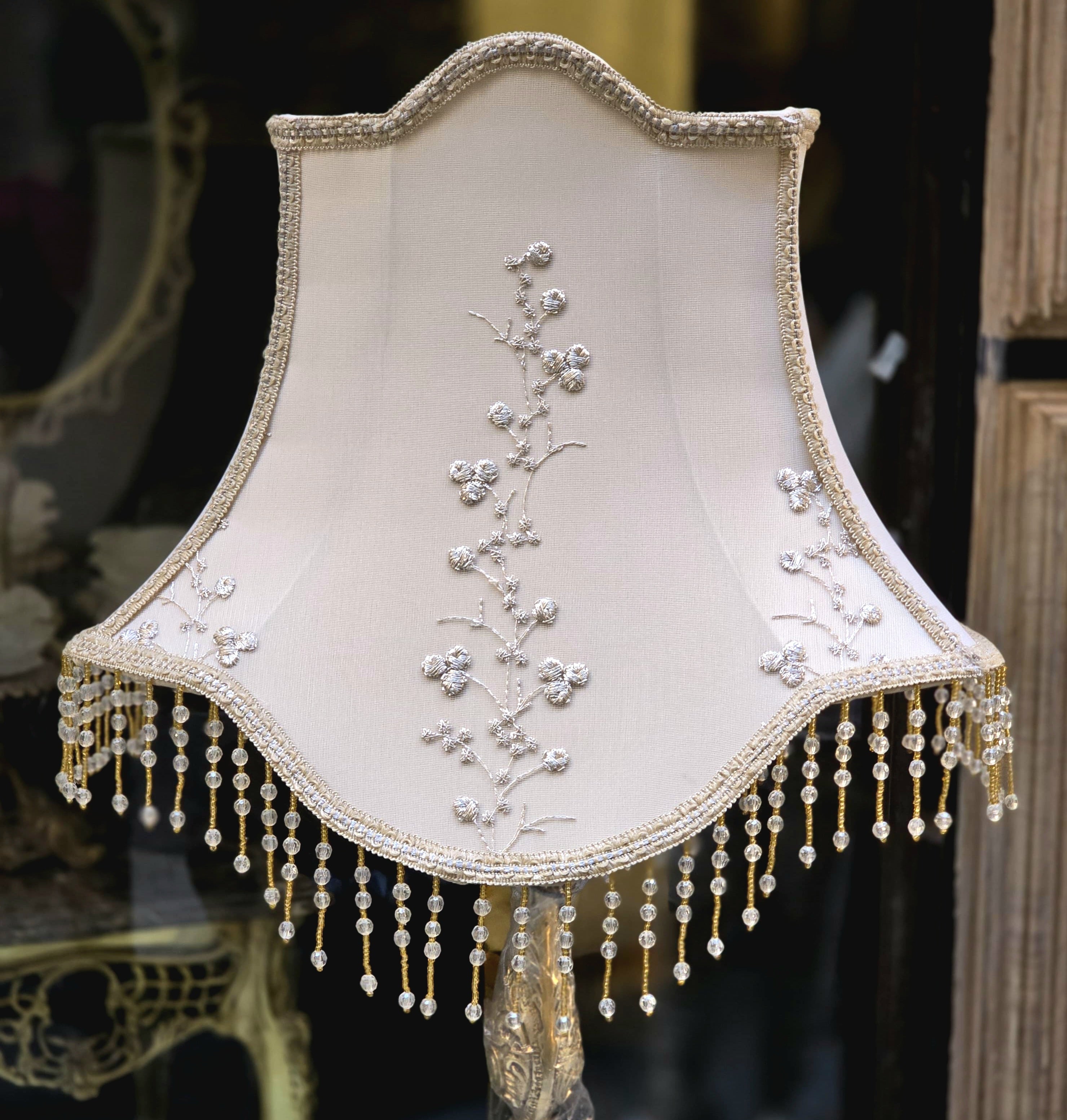 French-Style Gilded Floor Lamp – Gold Leaf Stand with Embroidered Ivory Shade & Crystal Fringe
