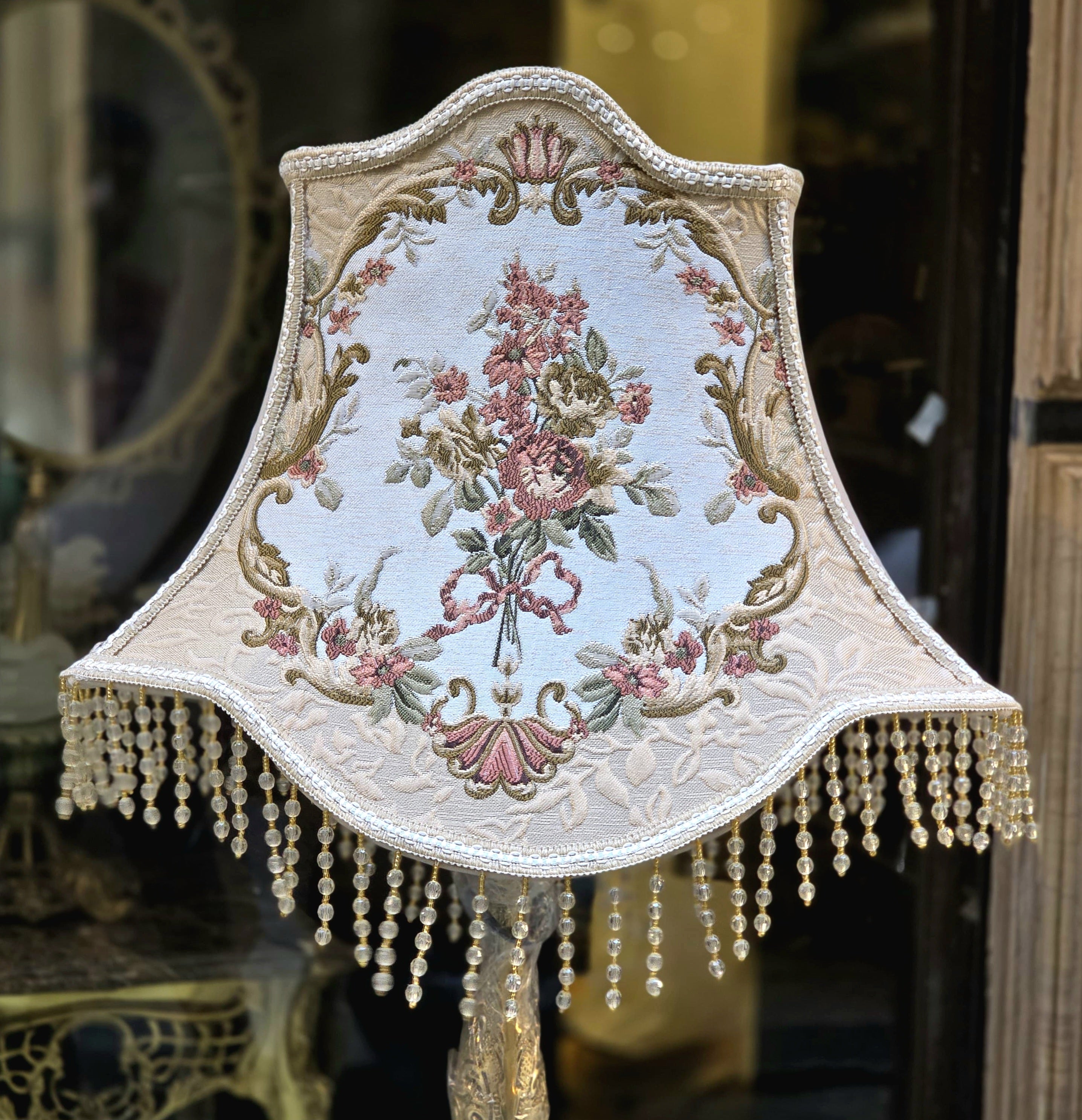 French-Style Gilded Floor Lamp – Ornate Gold Leaf Stand with Floral Embroidered Shade & Crystal Fringe