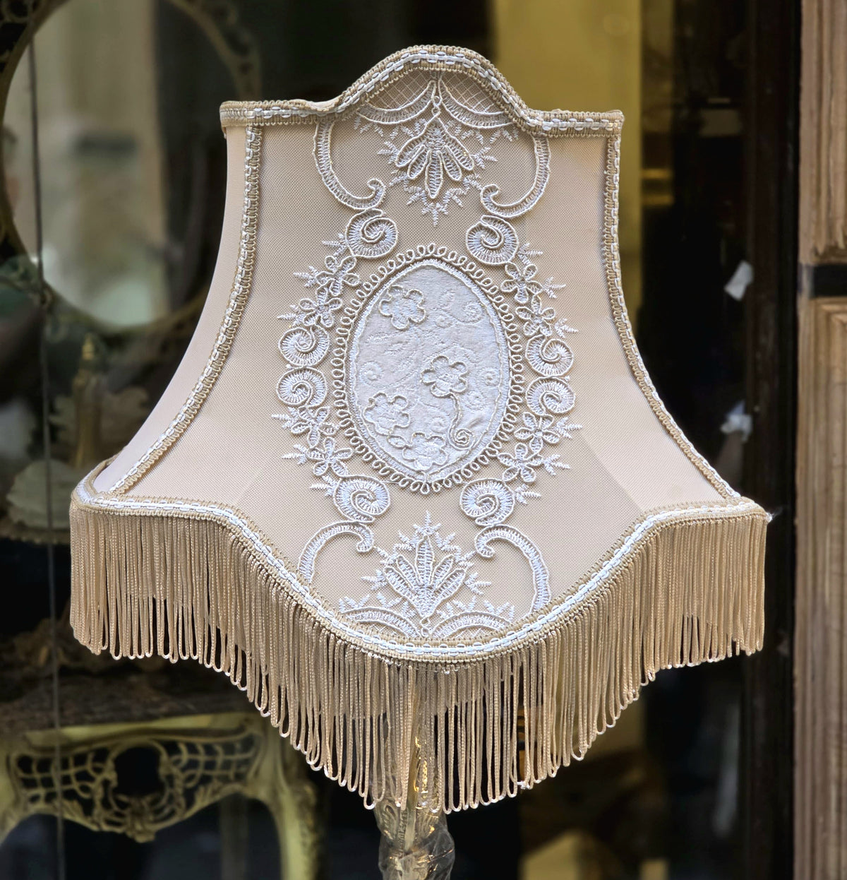 Ornate French-Style Floor Lamp – Gilded Gold Leaf Stand with Embroidered Ivory Shade & Fringe Trim