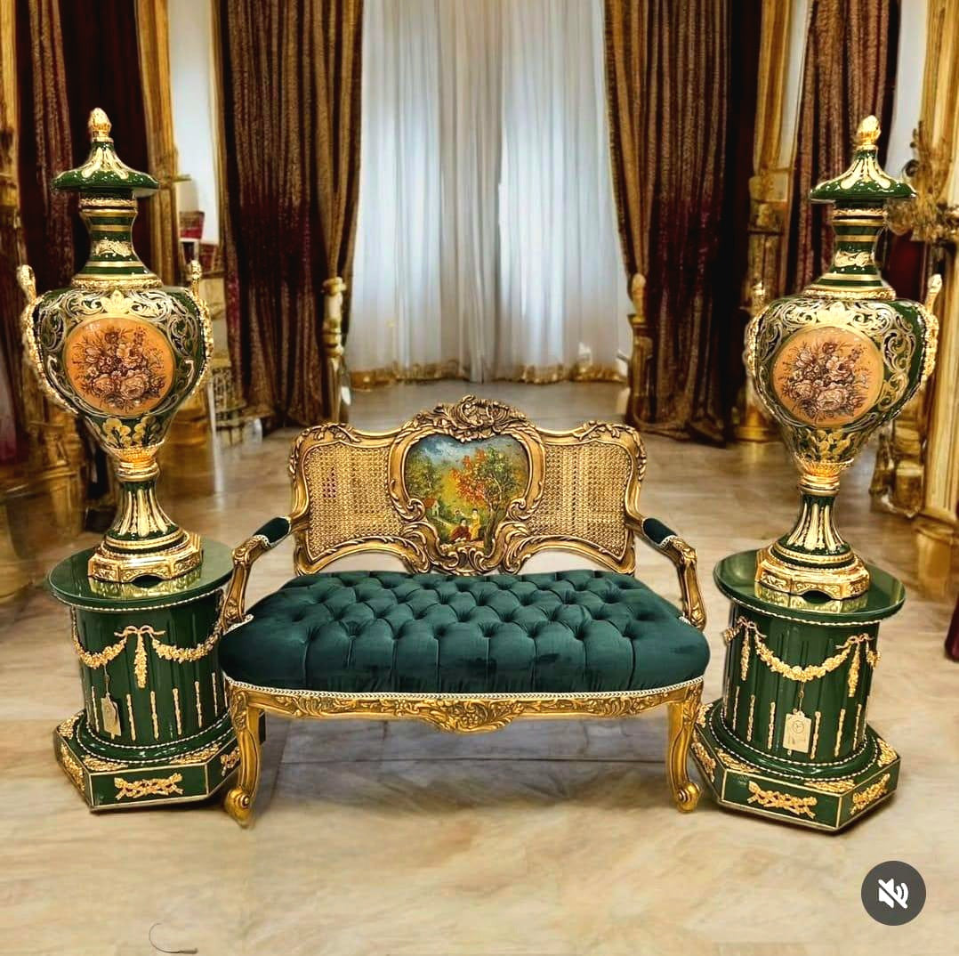 French Louis XVI Style Porcelain Vases with Pedestals – Emerald Green, Gold Leaf & Bronze Decorative Set