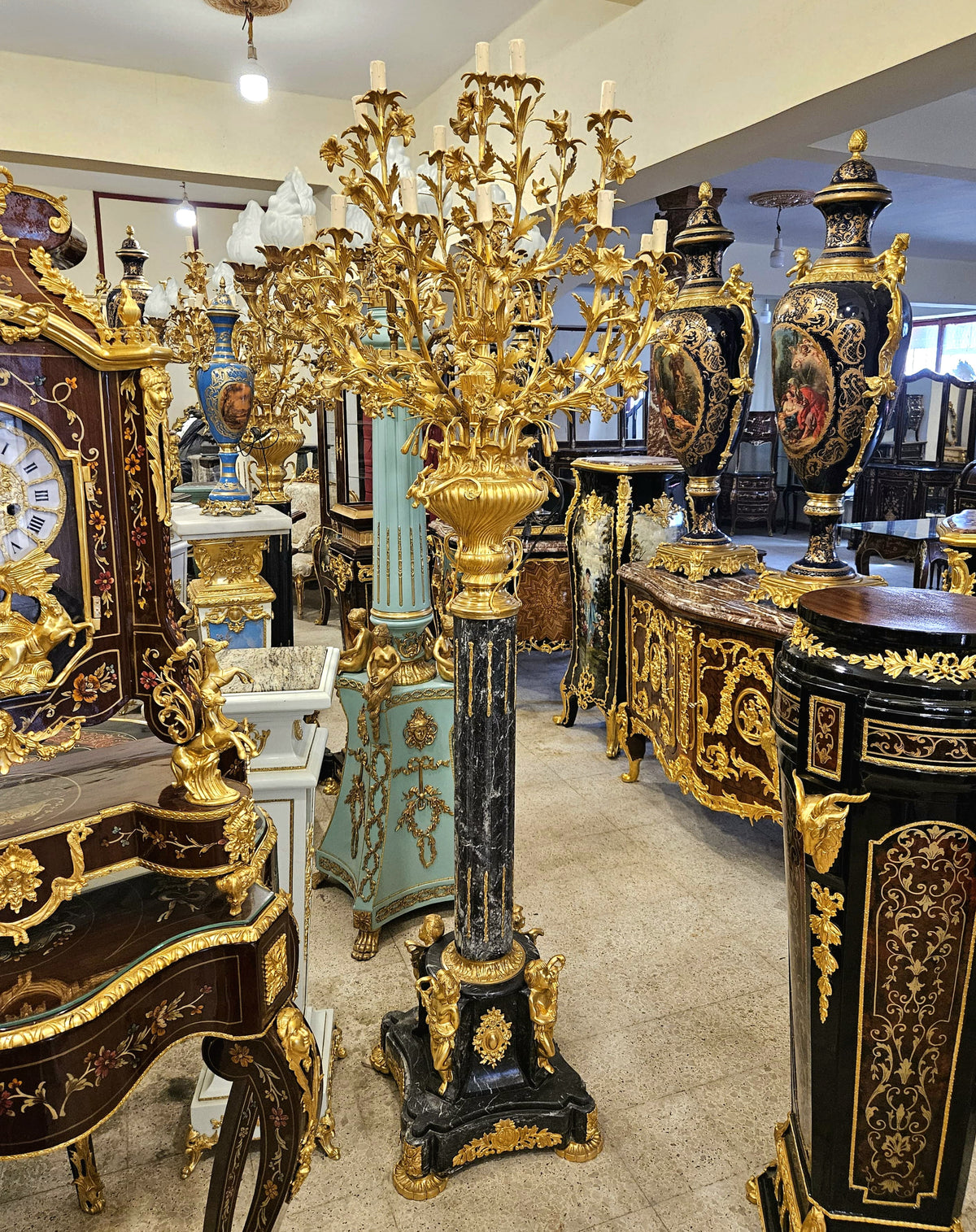 Elegant Louis XVI Style Black Pedestal Candelabra with Gold Leaf Floral Details & Gilded Bronze Accents