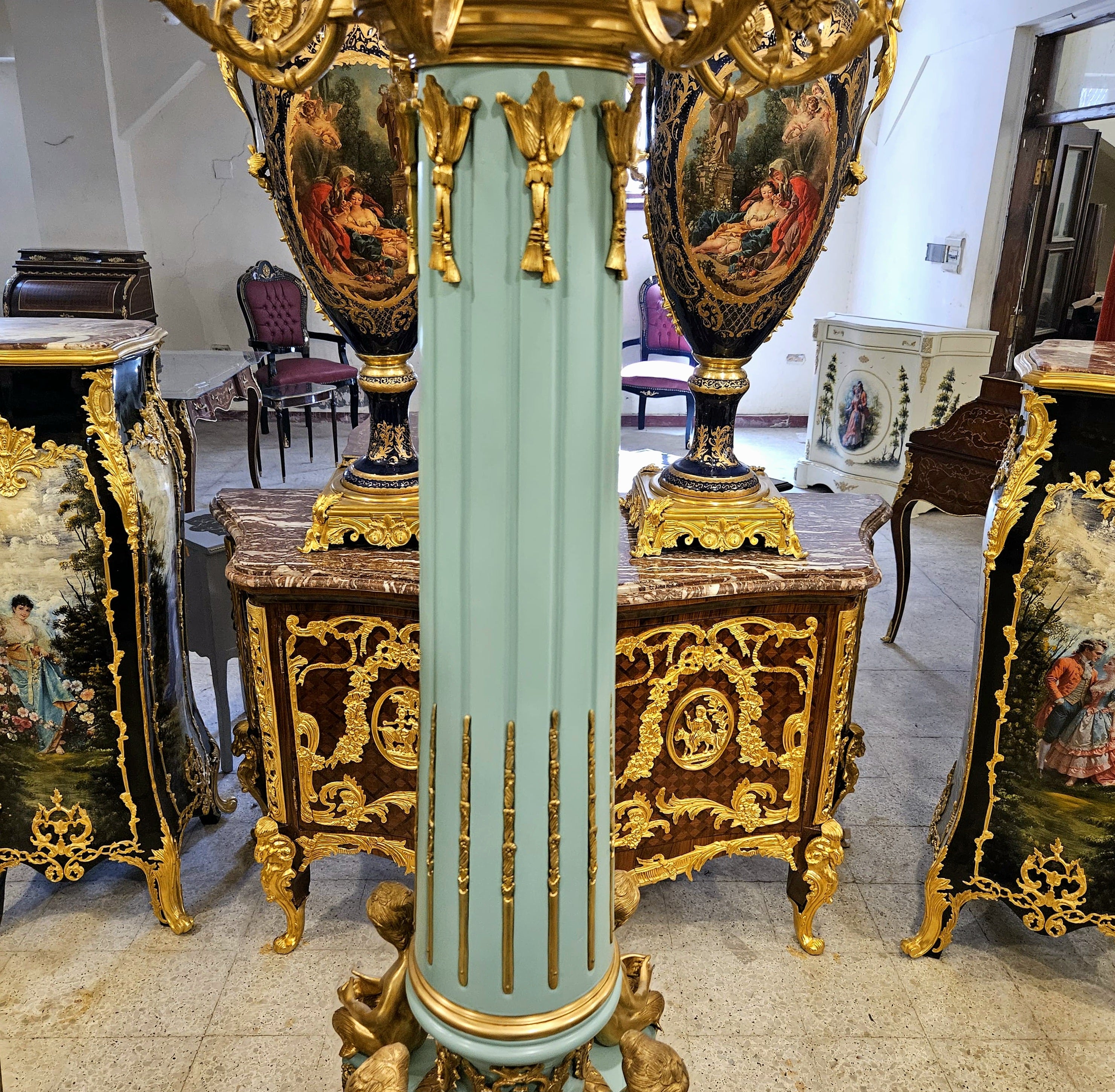 French Neoclassical Style Candelabra & Pedestal Set – Green Porcelain with Gold Leaf & Ornate Bronze Details