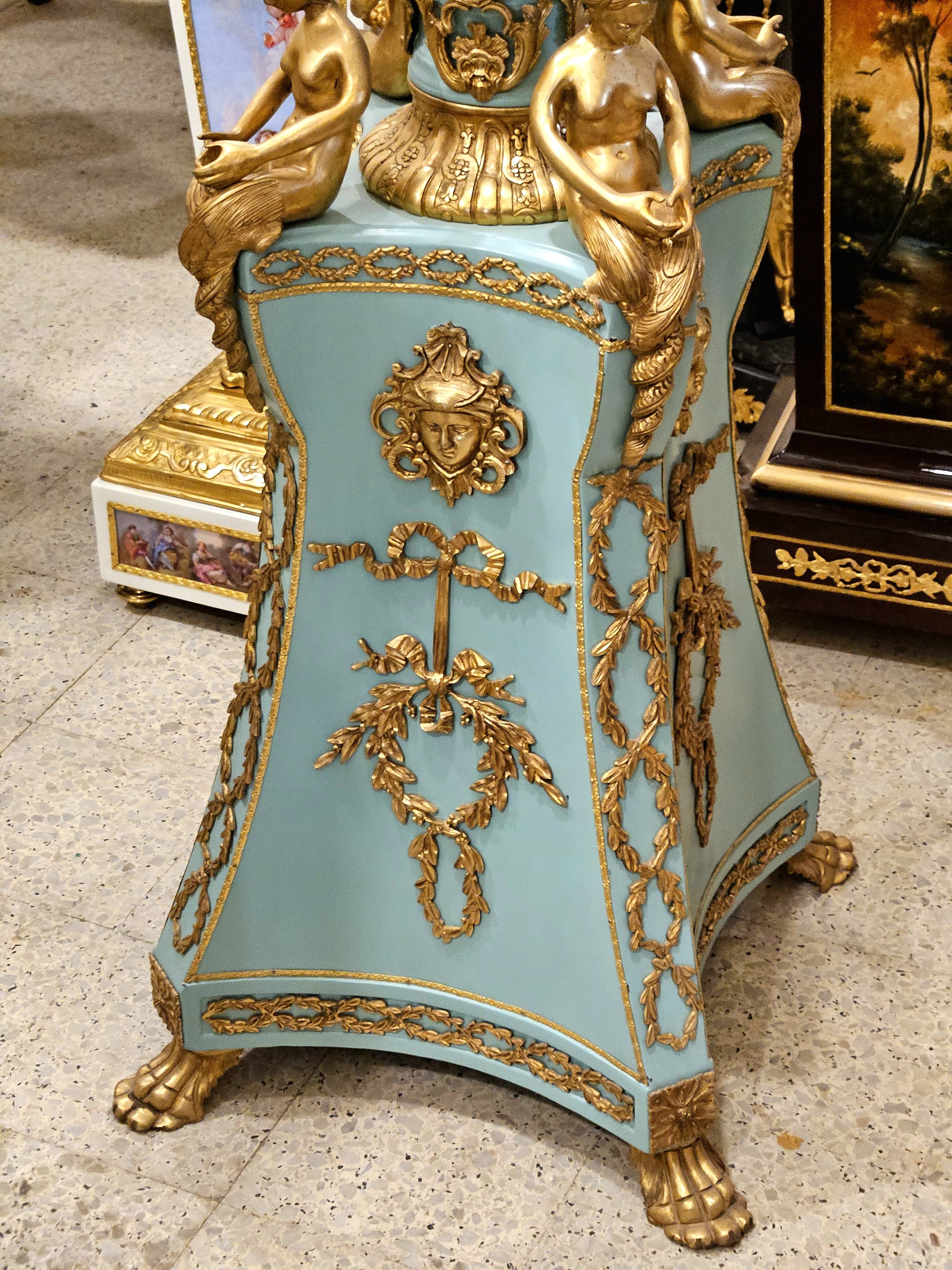 French Neoclassical Style Candelabra & Pedestal Set – Green Porcelain with Gold Leaf & Ornate Bronze Details