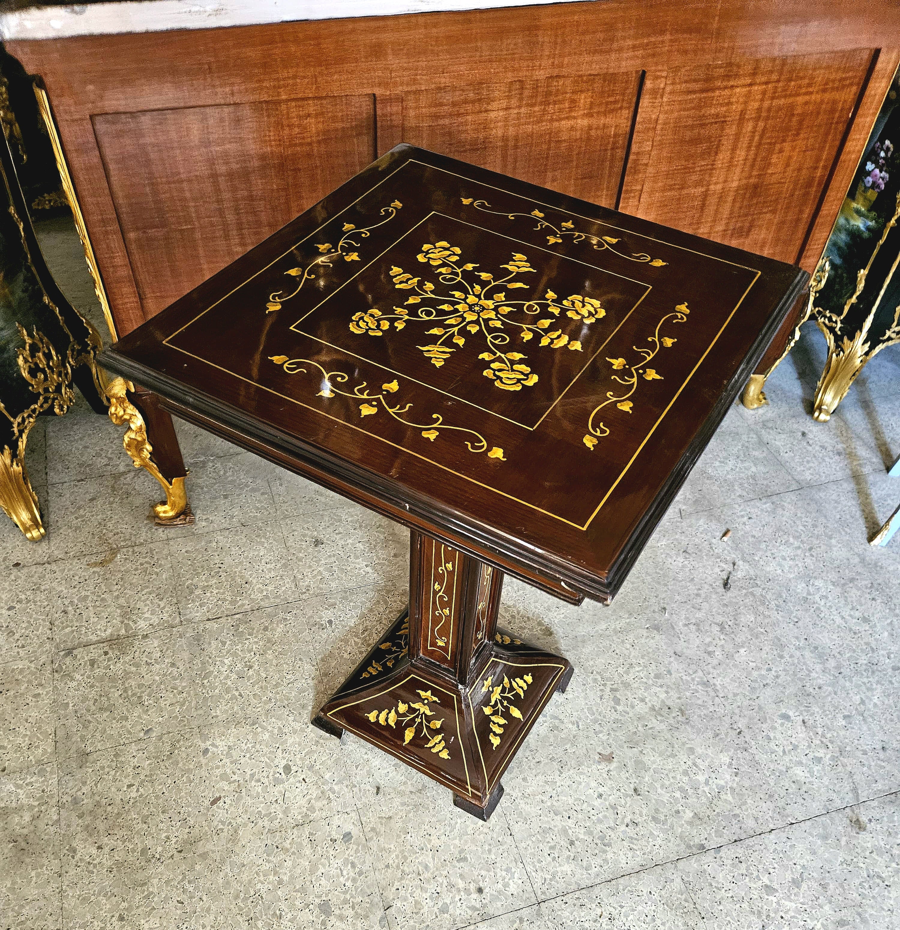 French Louis XVI Style Side Table – Dark Wood with Ornate Gold Inlay & Floral Marquetry