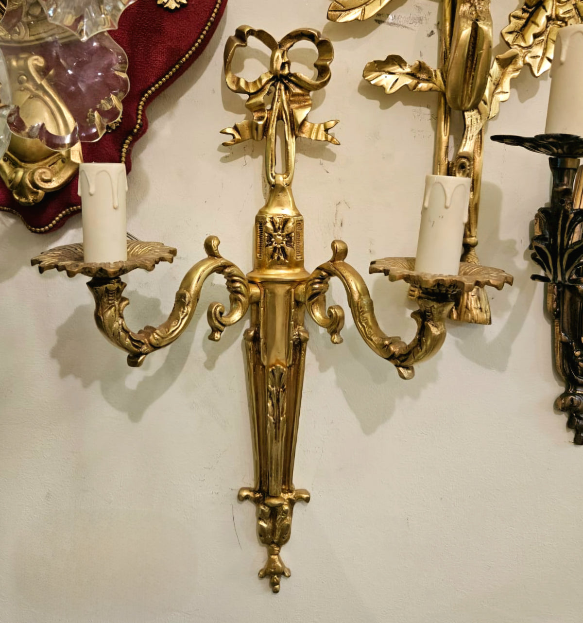 Elegant French Louis XVI Style Two-Light Wall Sconce – Gold Leaf Bronze with Decorative Bow