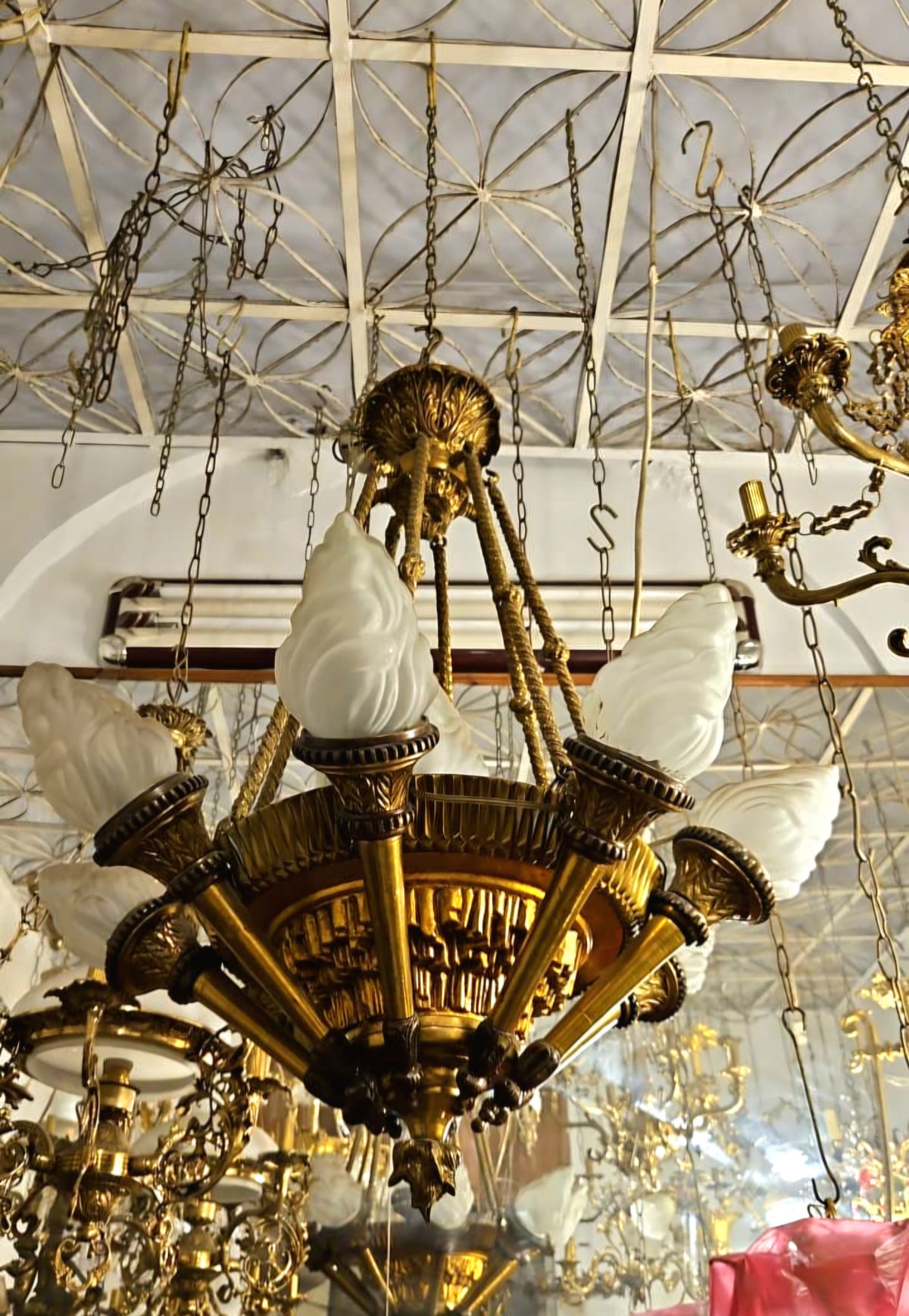Elegant French Louis XVI Style Mini Chandelier – Gilded Bronze & Gold Leaf with Opaline Glass Shades