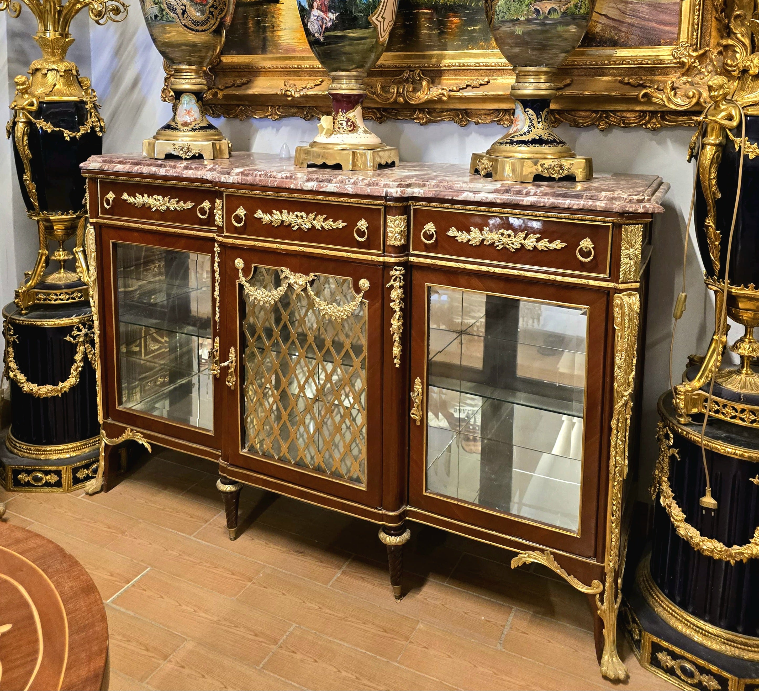 Grand French Louis XVI Style Mirrored Vitrine Cabinet – Marble Top, Gold Leaf & Bronze Details