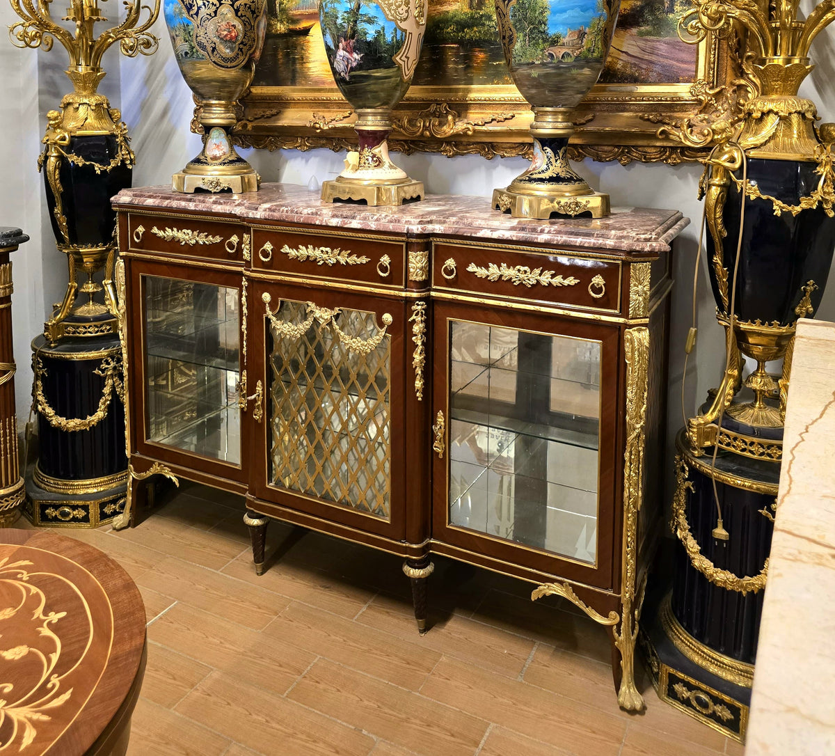 Grand French Louis XVI Style Mirrored Vitrine Cabinet – Marble Top, Gold Leaf & Bronze Details