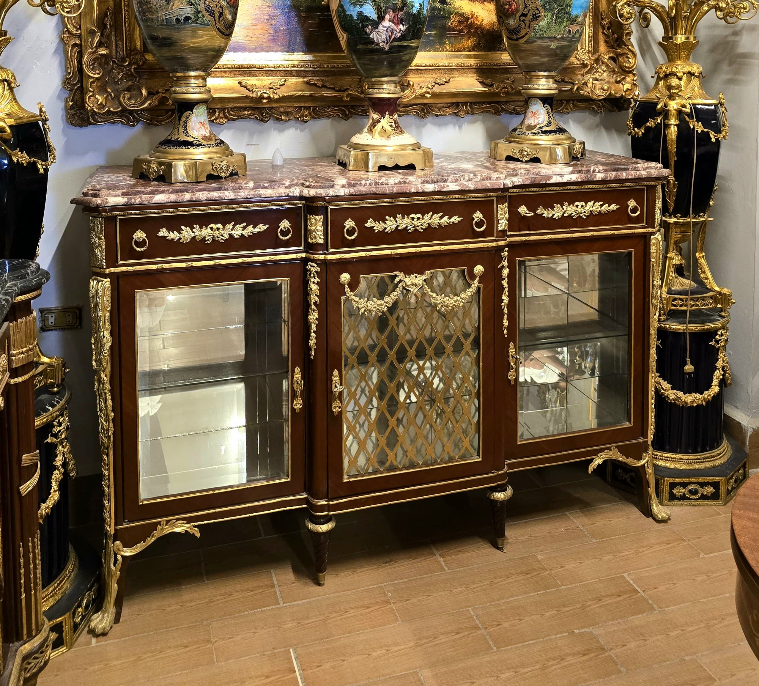 Grand French Louis XVI Style Mirrored Vitrine Cabinet – Marble Top, Gold Leaf & Bronze Details