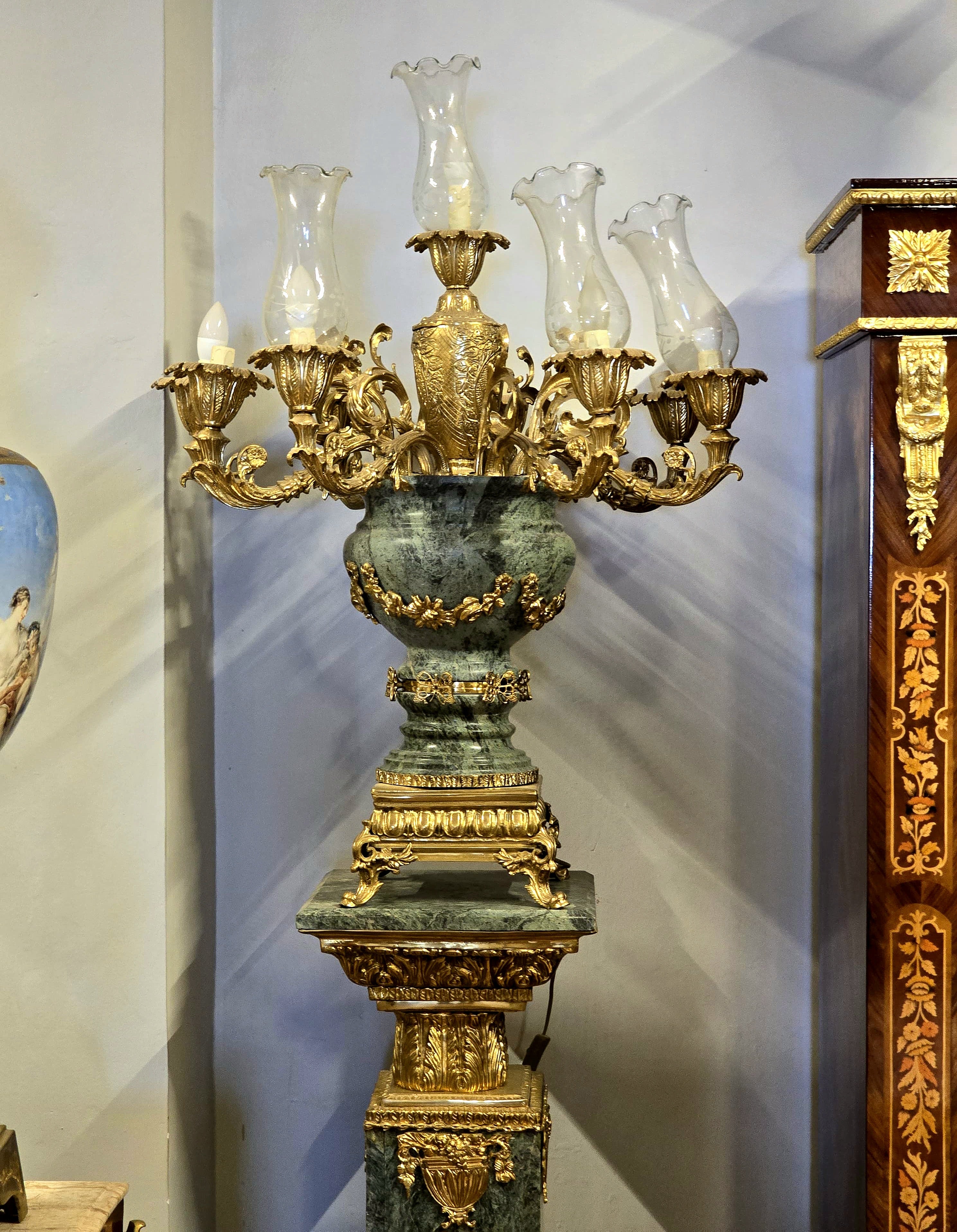 French Neoclassical Style Decorative Vase & Pedestal – Green, Gray & White with Gold Leaf & Bronze Details