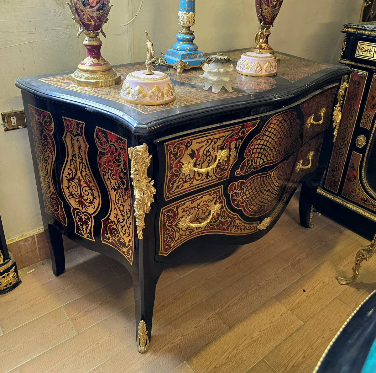 Gothic French Boulle Style Commode – Black Wood Cabinet with Gold Leaf Ornaments & Two Large Drawers