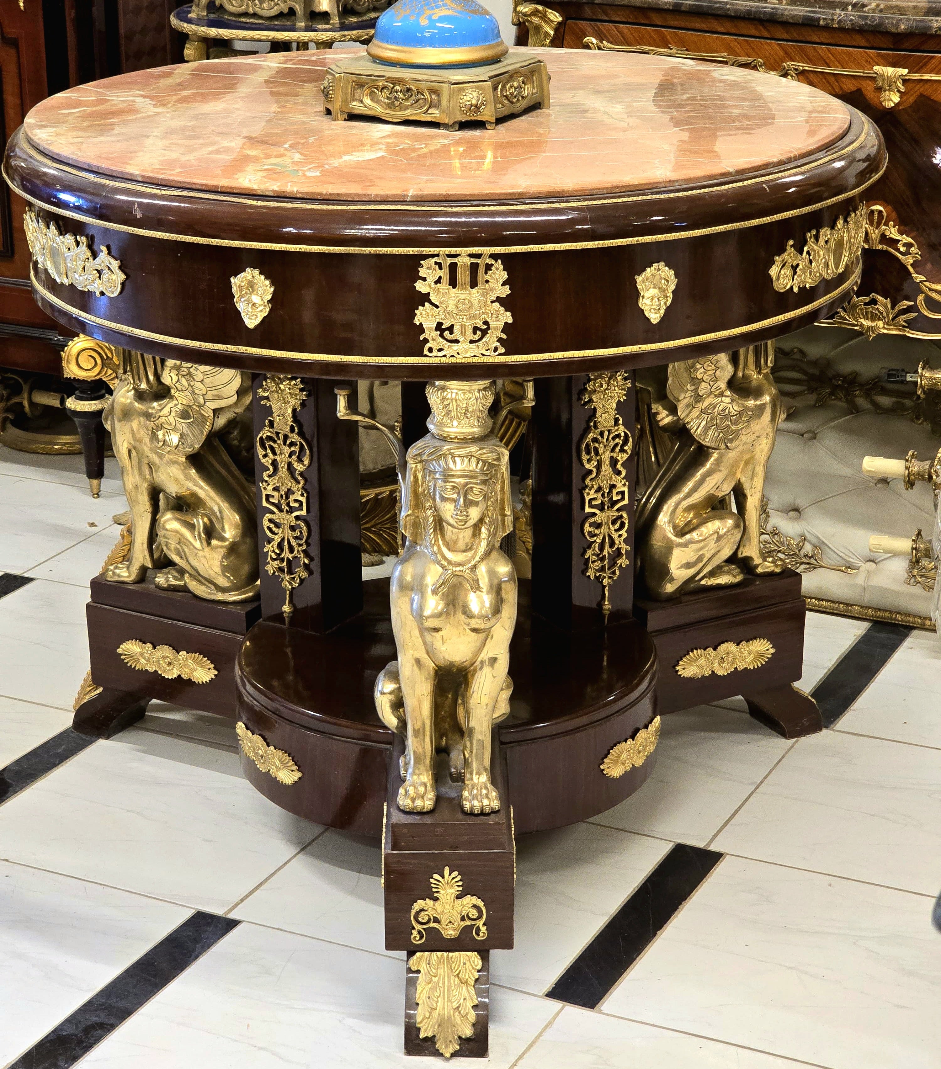 Grand Italian Neoclassical Center Table – Hand-Carved Wood, Marble Top, Gold Leaf & Bronze Sphinx Details