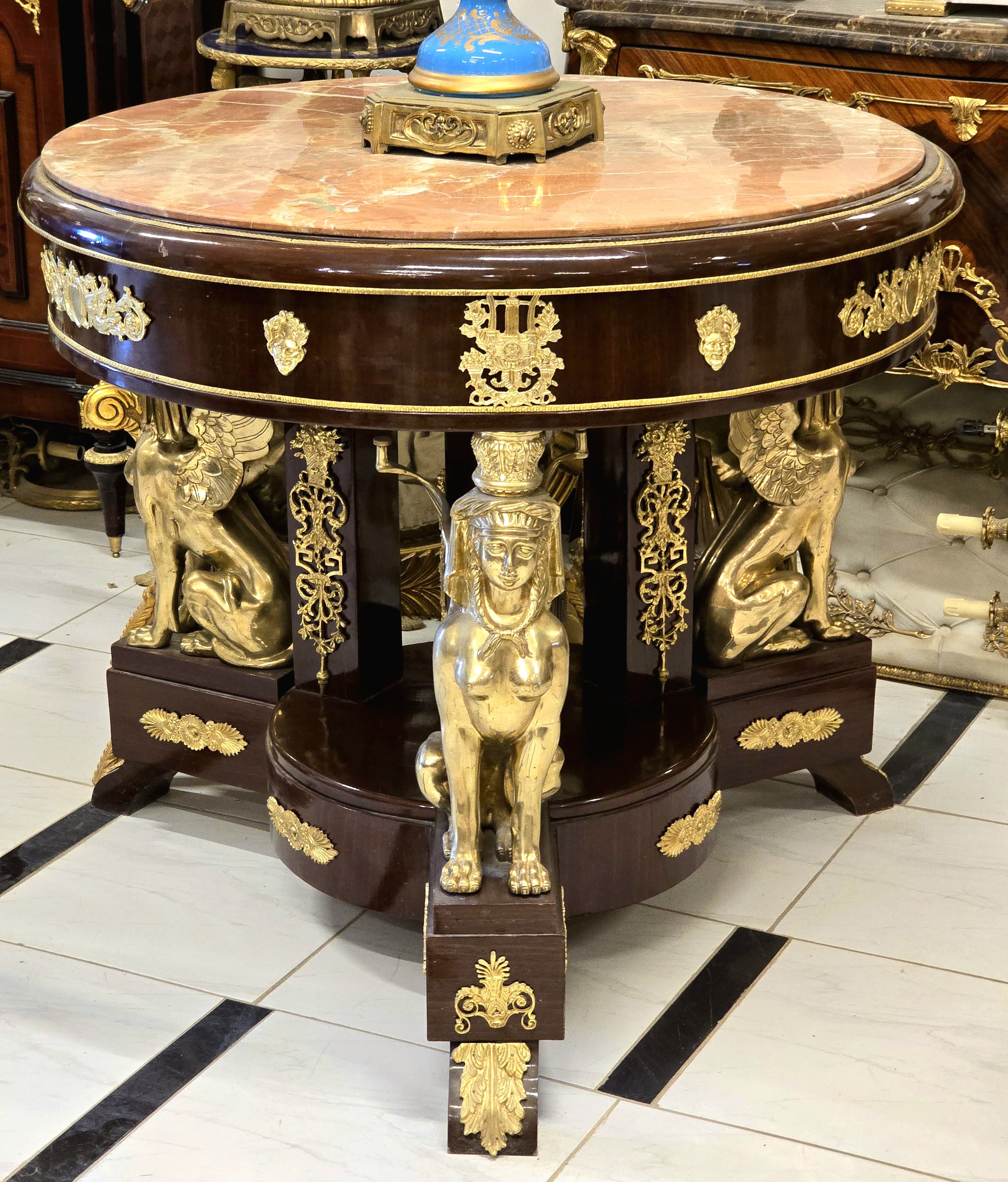 Grand Italian Neoclassical Center Table – Hand-Carved Wood, Marble Top, Gold Leaf & Bronze Sphinx Details