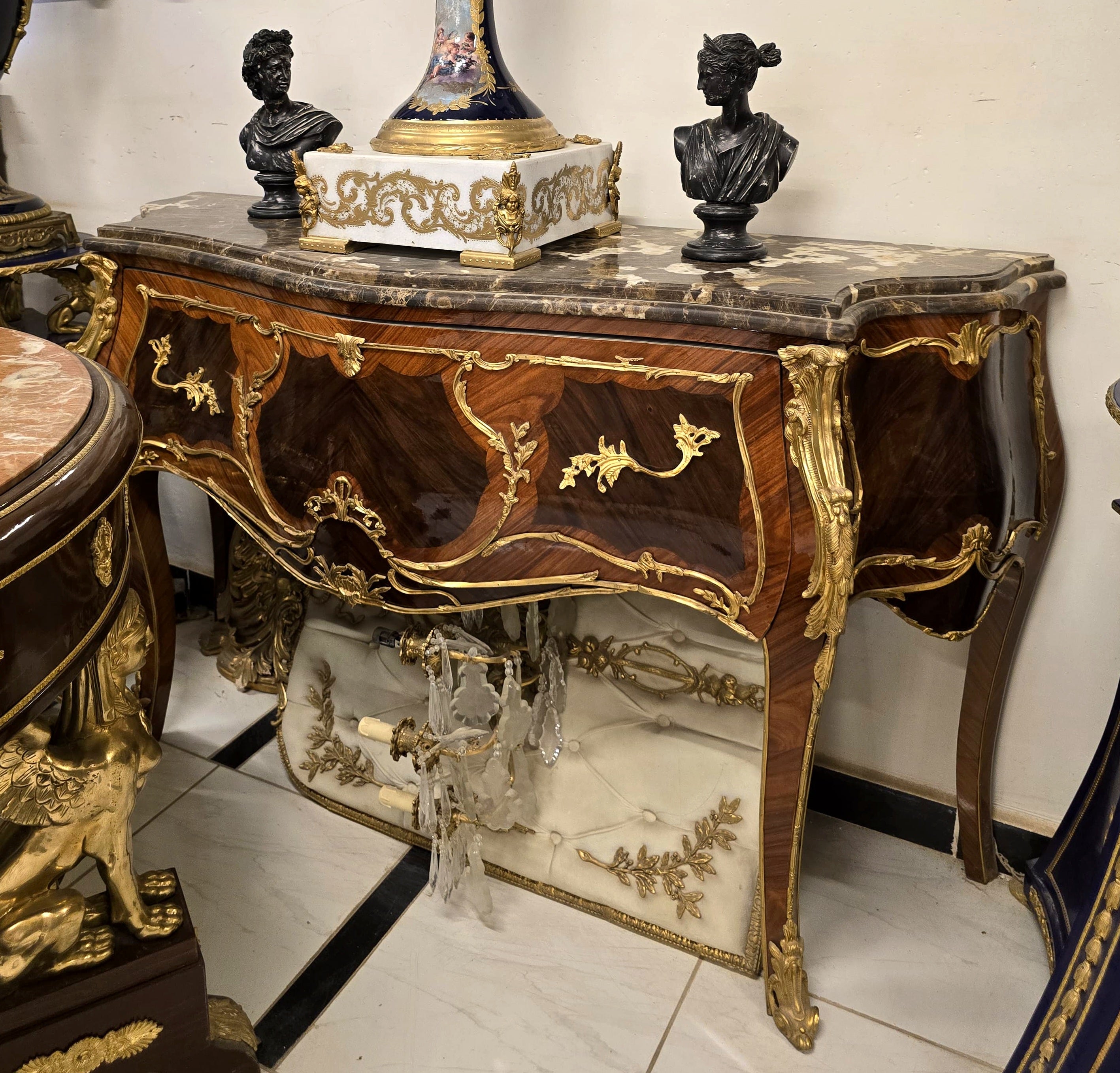 French Style Black Marble Top Commode with Hand-Gilded Gold Leaf Details & Solid Wood Construction