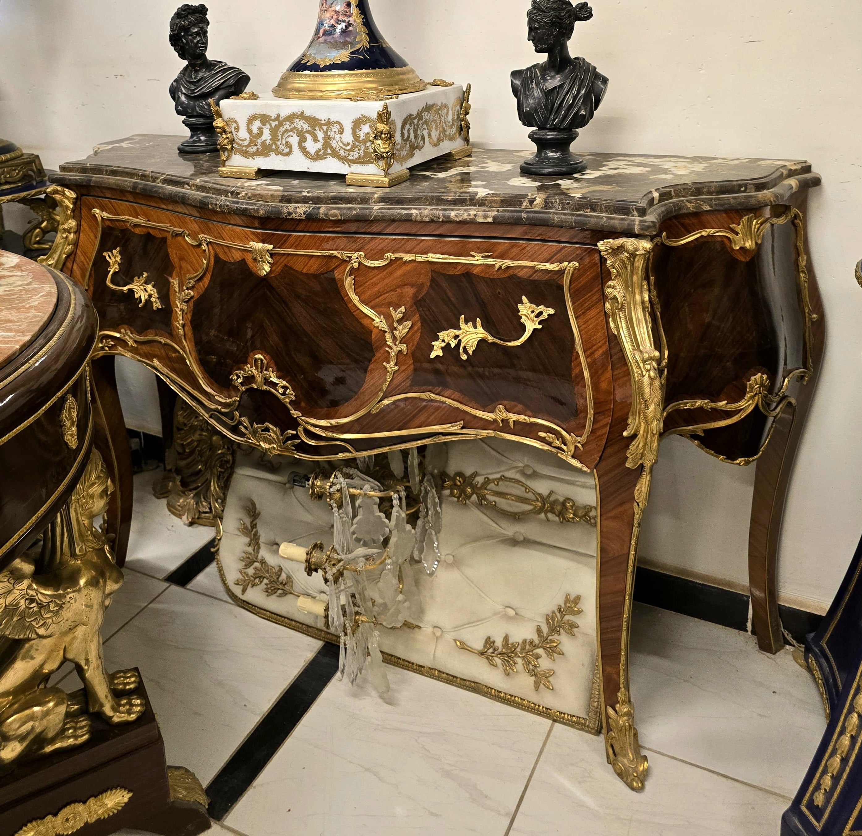 French Style Black Marble Top Commode with Hand-Gilded Gold Leaf Details & Solid Wood Construction