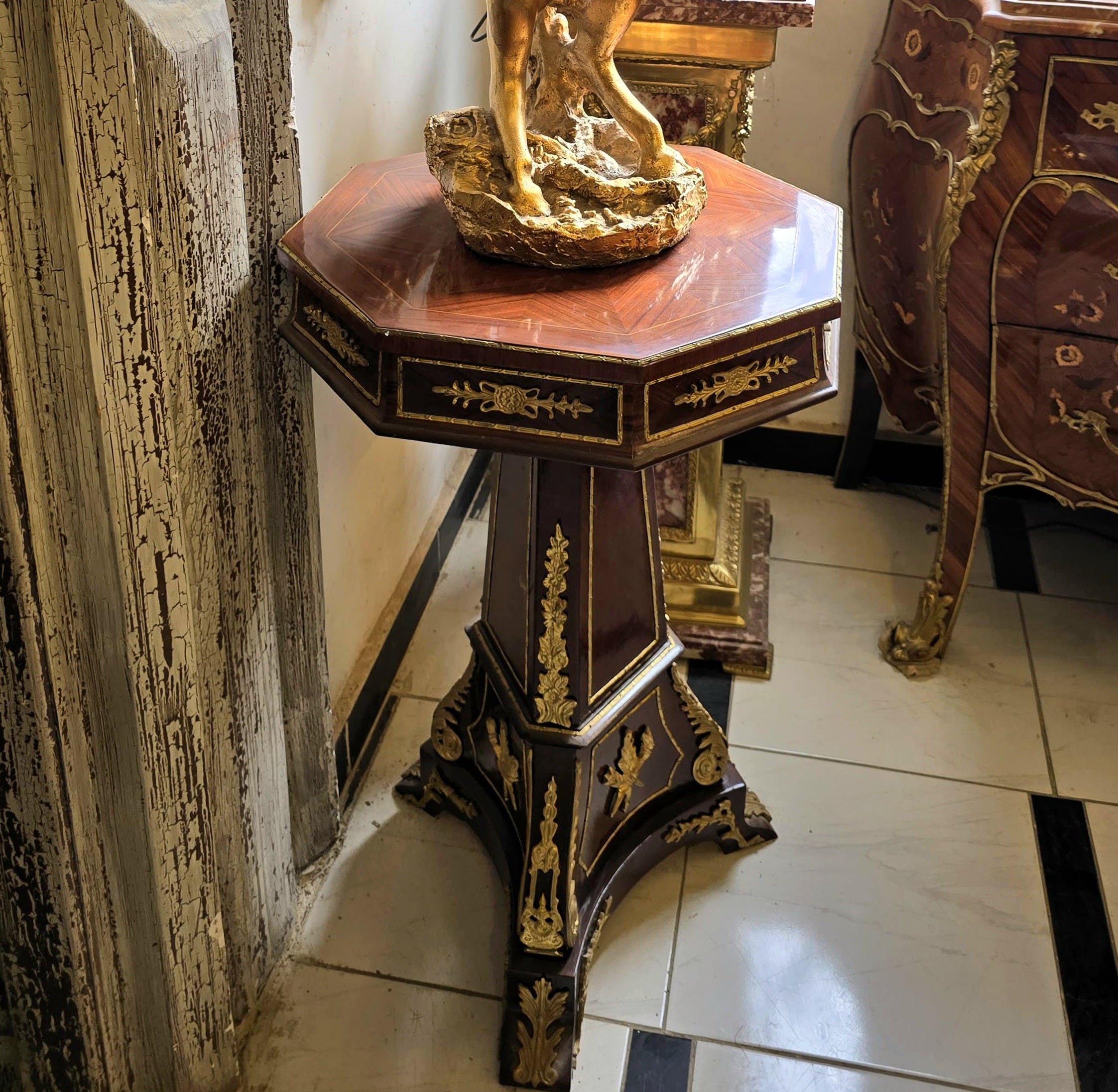 French Style Geometric Pedestal Side Table – Marble Top with Gold Leaf Ormolu Details
