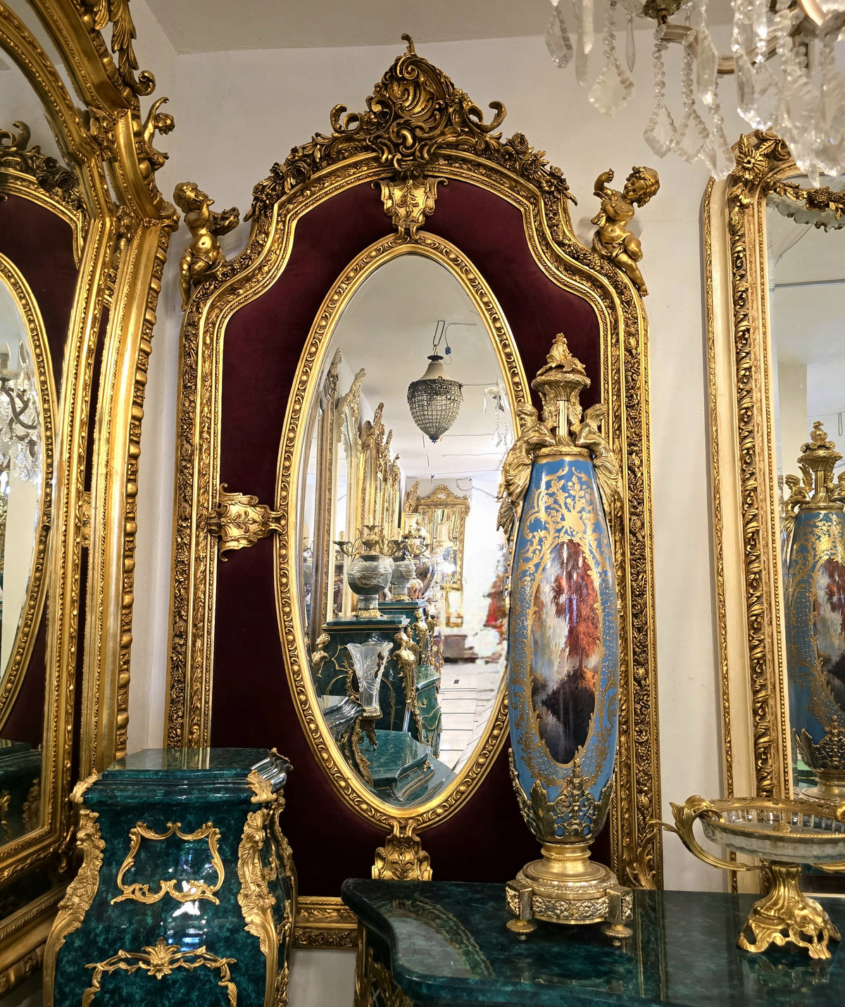 Ornate French Rococo Gold Leaf Mirror – Burgundy Velvet & Cherub Angel Frame