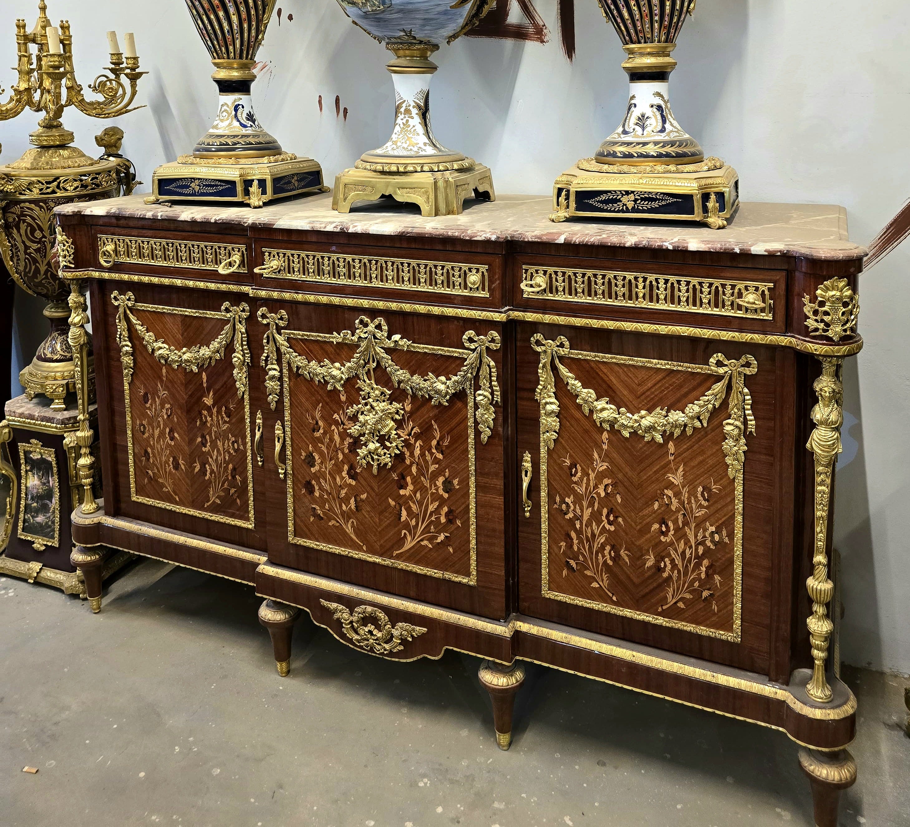 Grand French Louis XVI Style Sideboard – Wood, Gold Leaf & Bronze Details with Marble Top