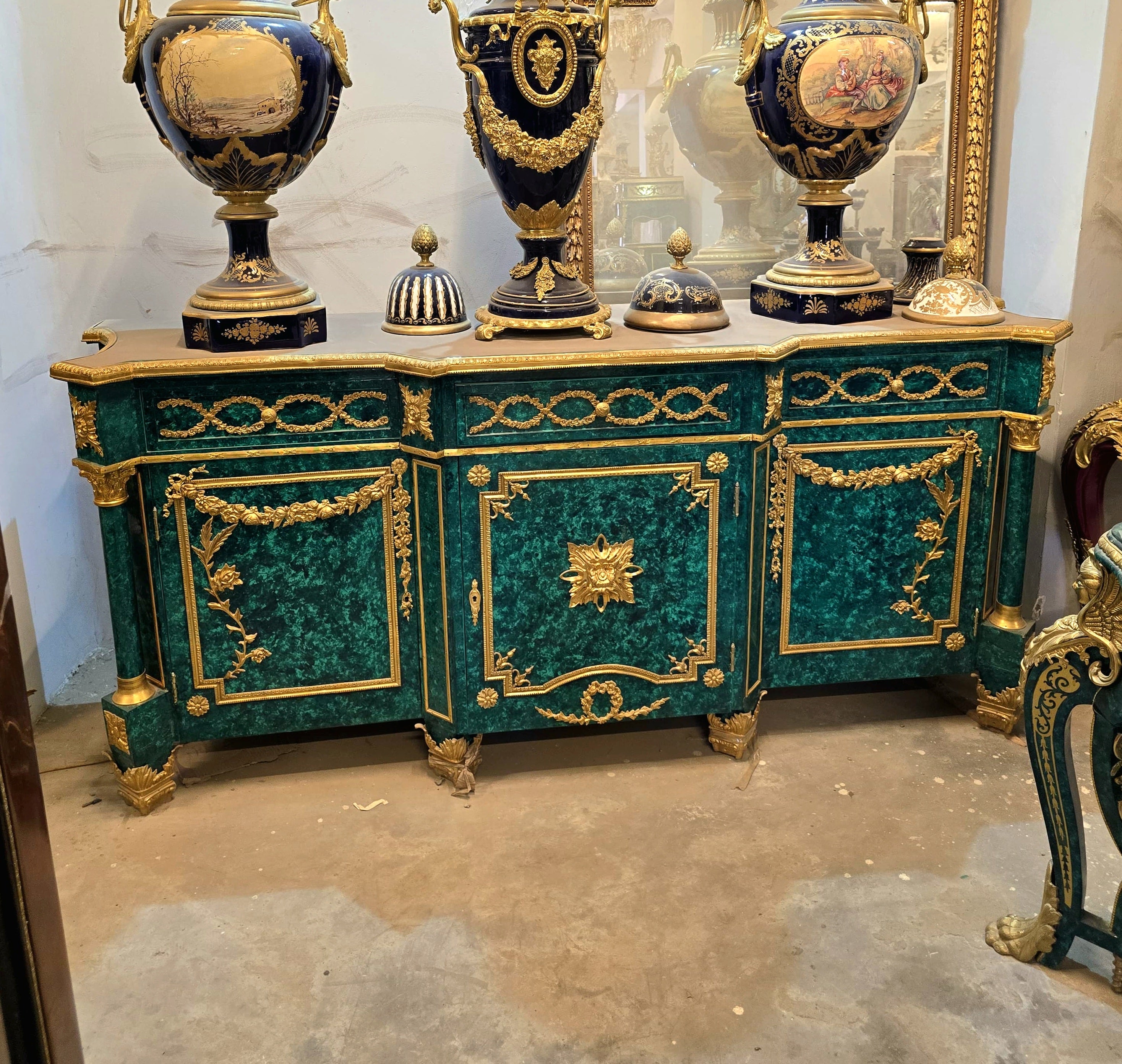 Grand French Louis XVI Style Sideboard – Emerald Green Wood, Gold Leaf & Bronze Details with Marble Top