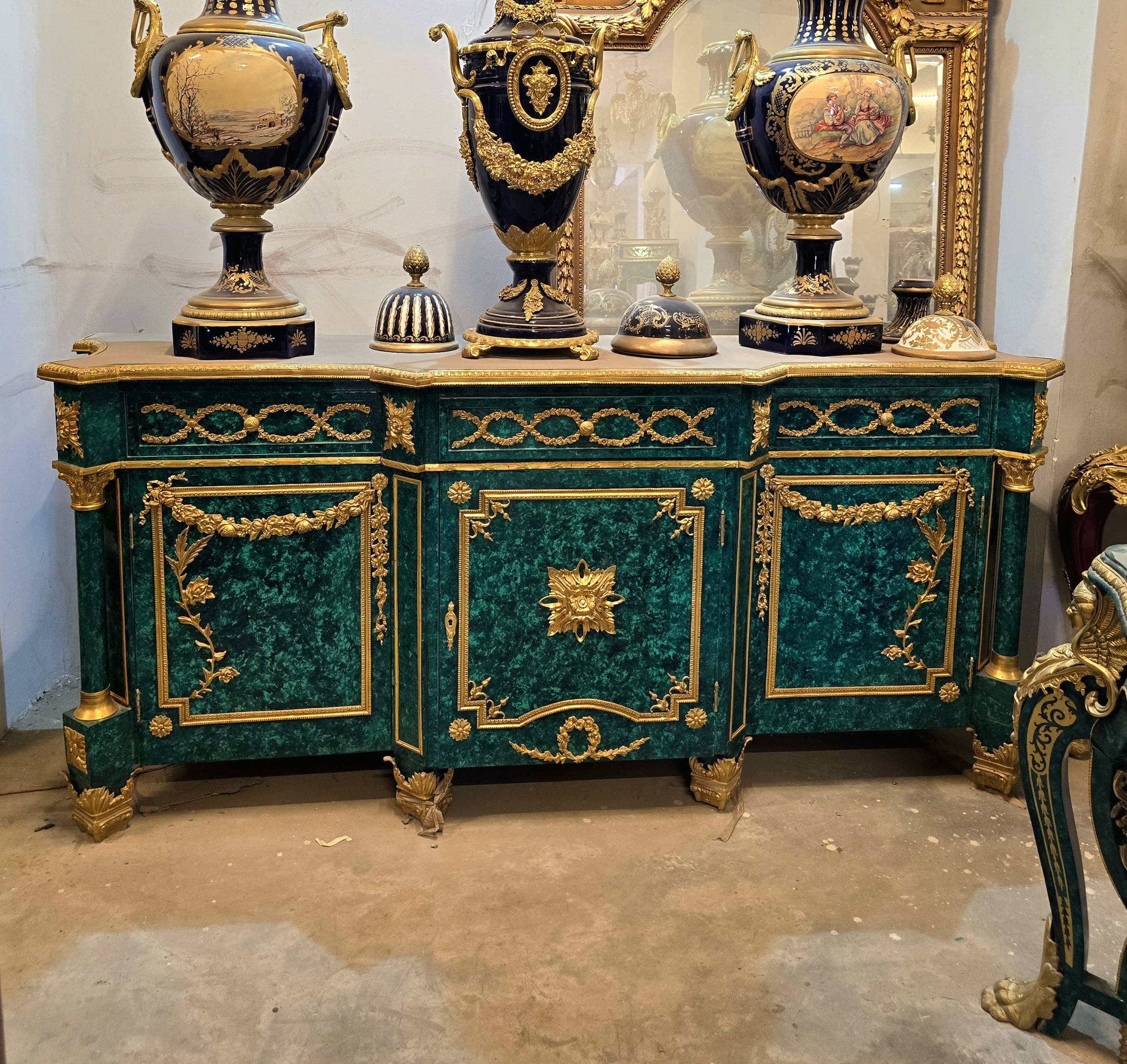 Grand French Louis XVI Style Sideboard – Emerald Green Wood, Gold Leaf & Bronze Details with Marble Top