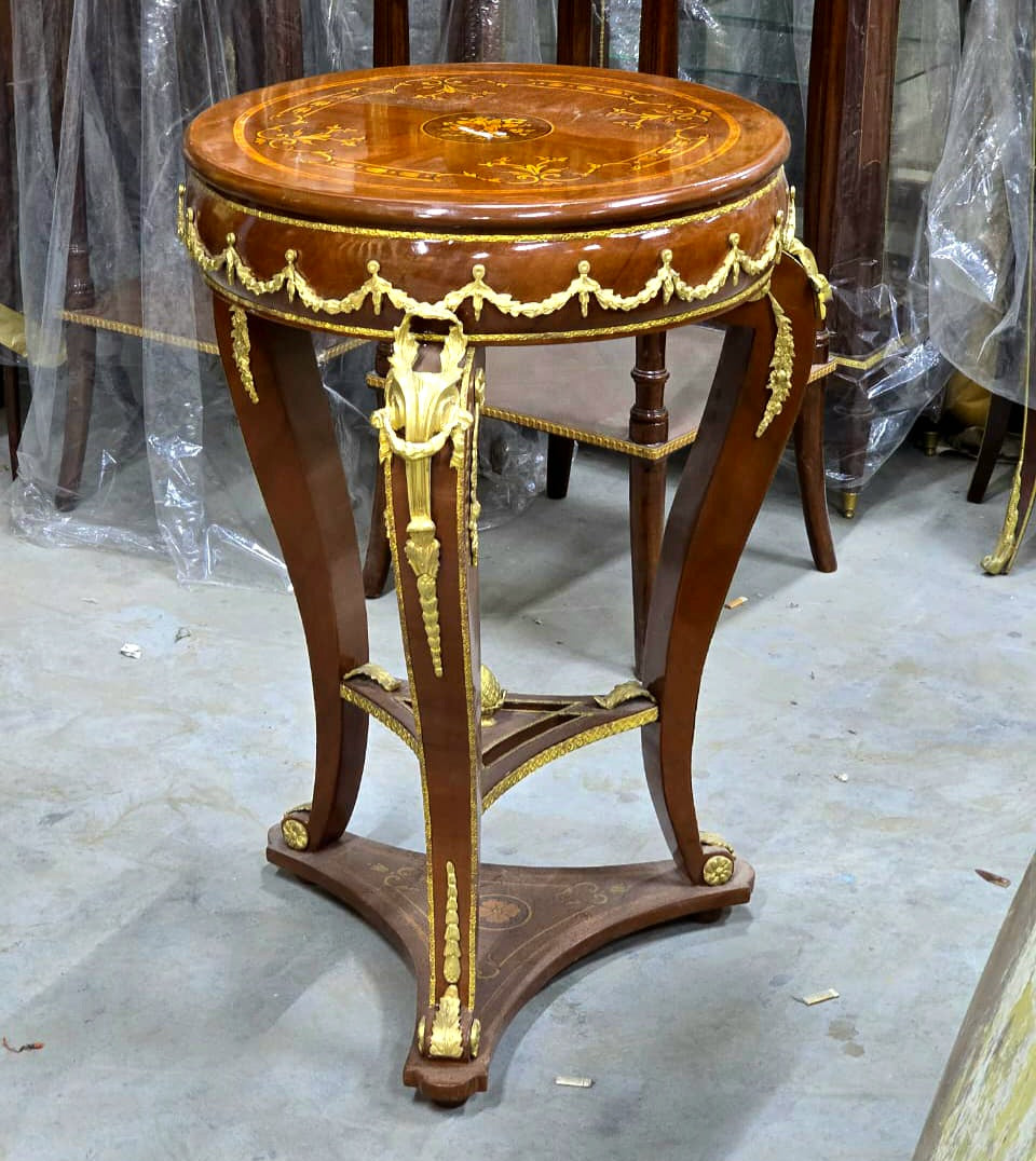 French Empire Round Side Table with Hand-Carved Wood Frame, Gold Leaf Accents & Marquetry Top