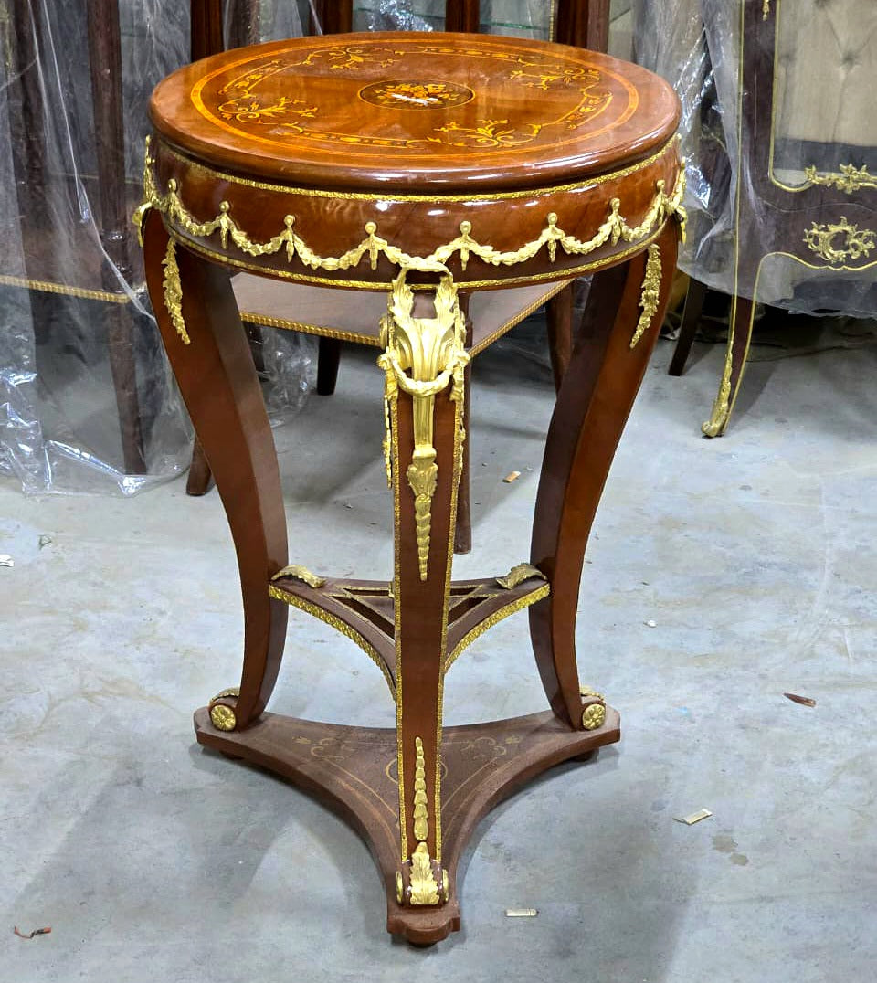 French Empire Round Side Table with Hand-Carved Wood Frame, Gold Leaf Accents & Marquetry Top