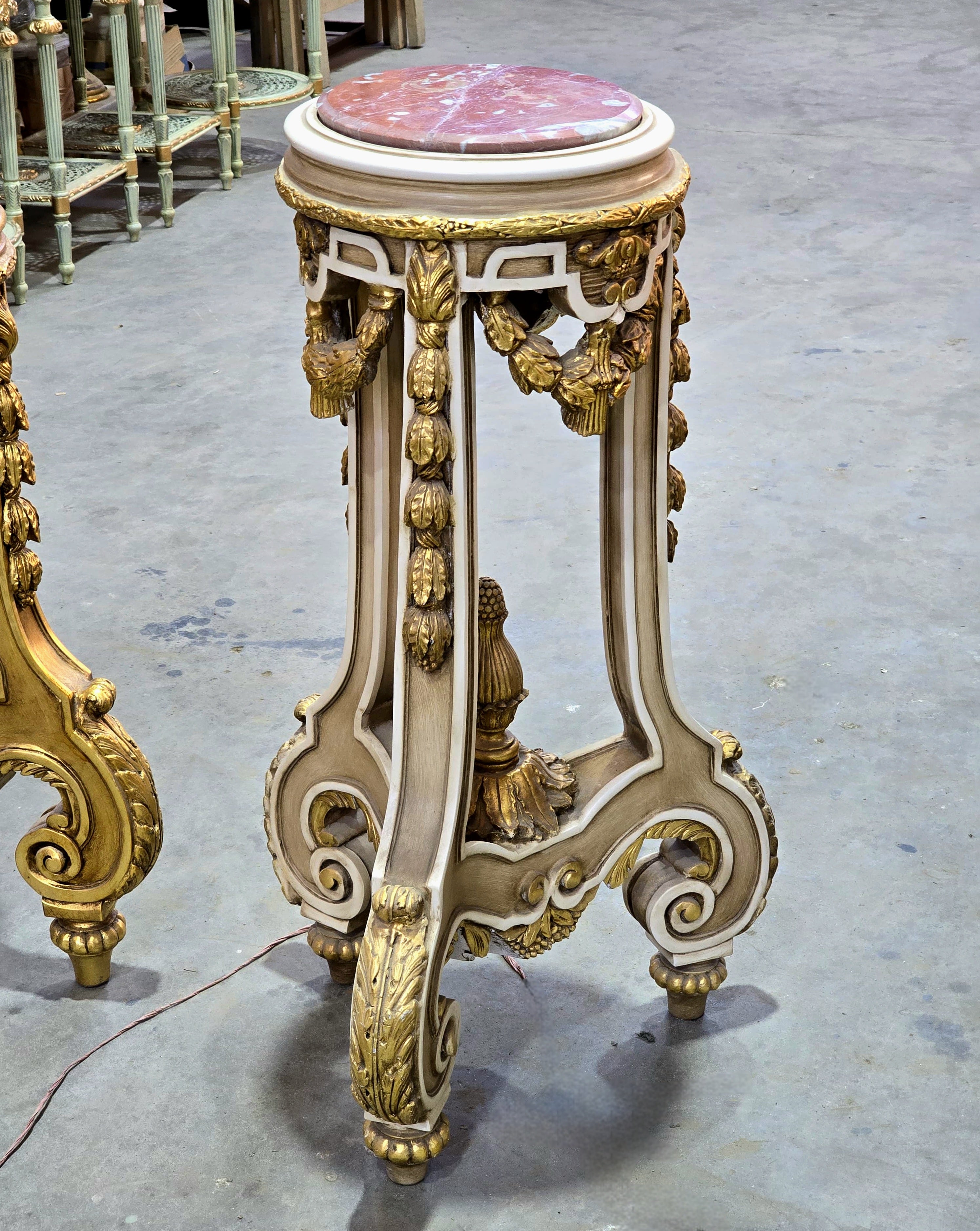French Baroque Marble-Top Side Table – Ornate Carved Wood with Gold Leaf Details