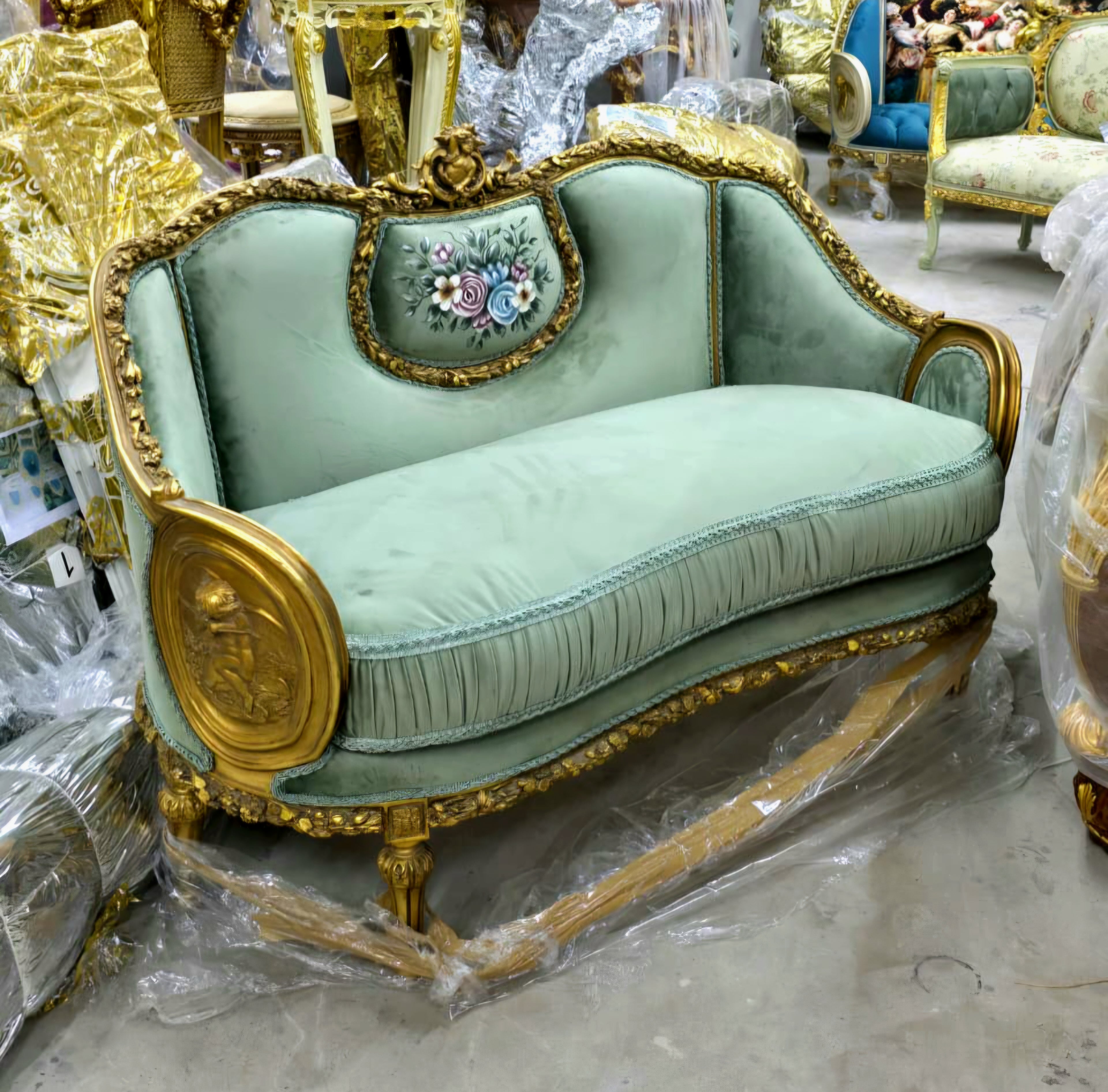 French Louis XVI Grand Sofa with Green Velvet Upholstery, Hand-Gilded Gold Leaf Frame & Hand-Painted Floral Medallion