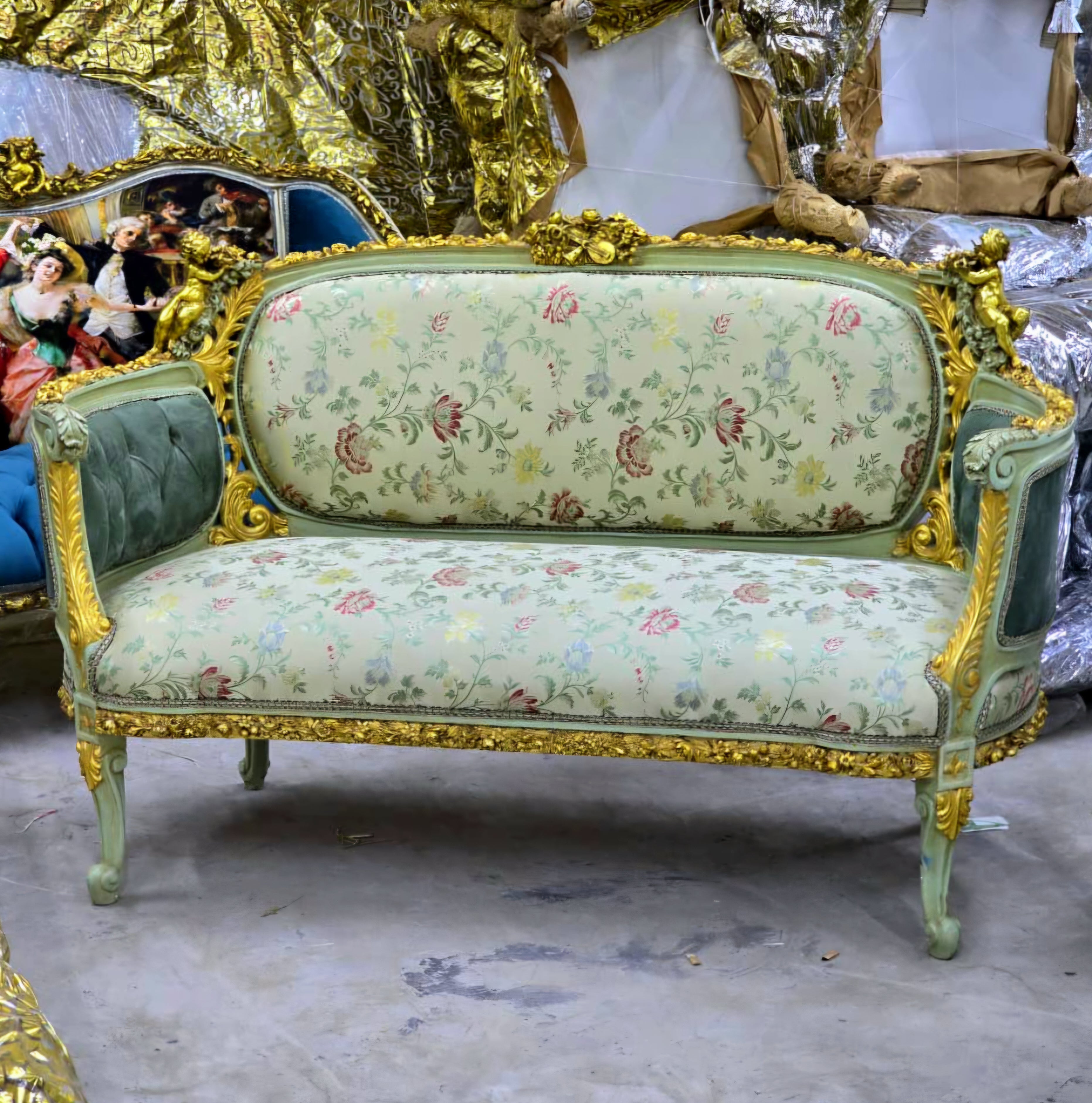 French Louis XV Romantic Sofa with Floral Damask Upholstery, Sage Green Velvet Panels, Cherubs & Hand-Gilded Gold Leaf Frame