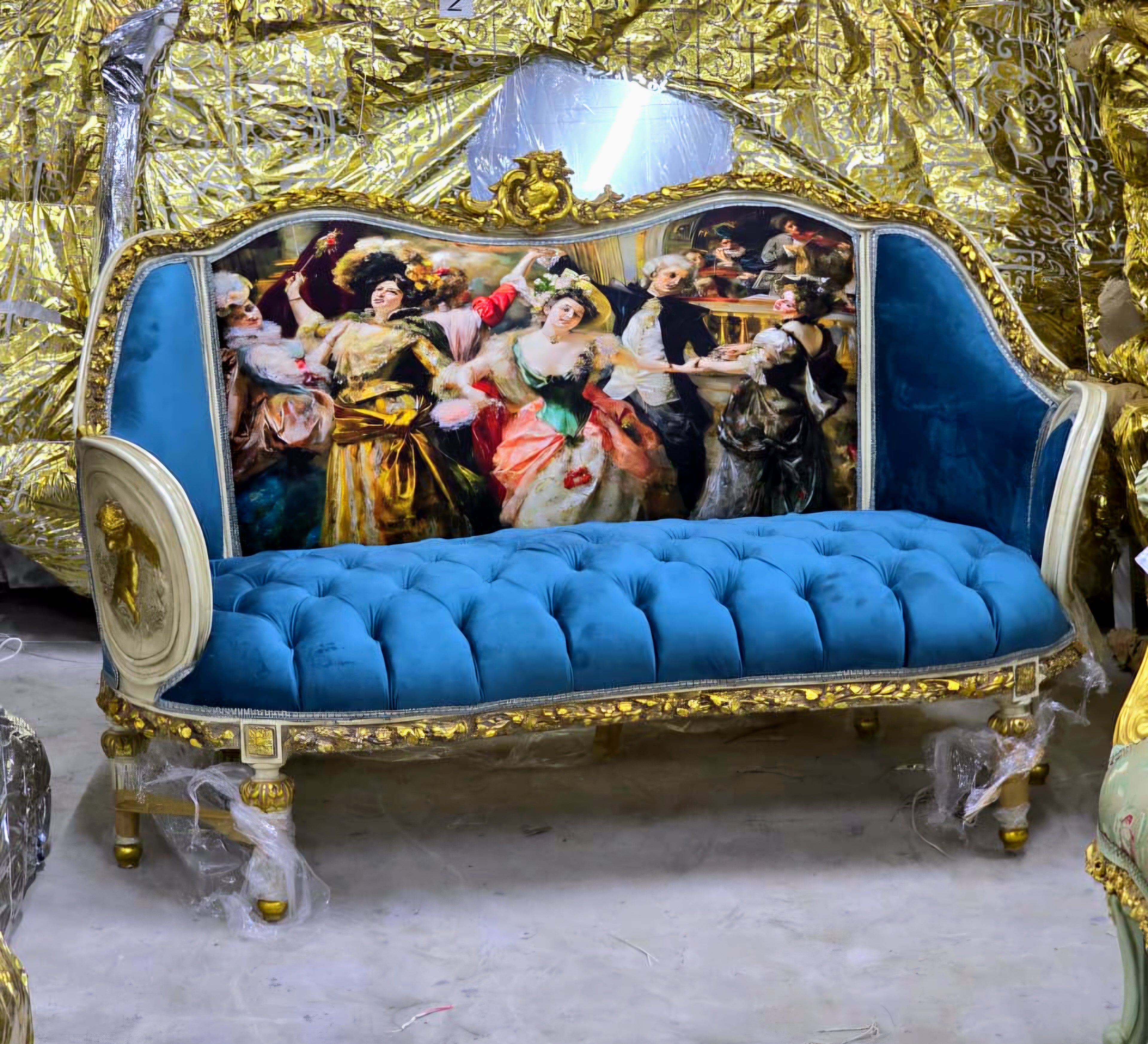 French Louis XVI Tufted Velvet Sofa with Romantic Ballroom Artwork, Hand-Gilded Gold Leaf Frame & Teal Blue Upholstery