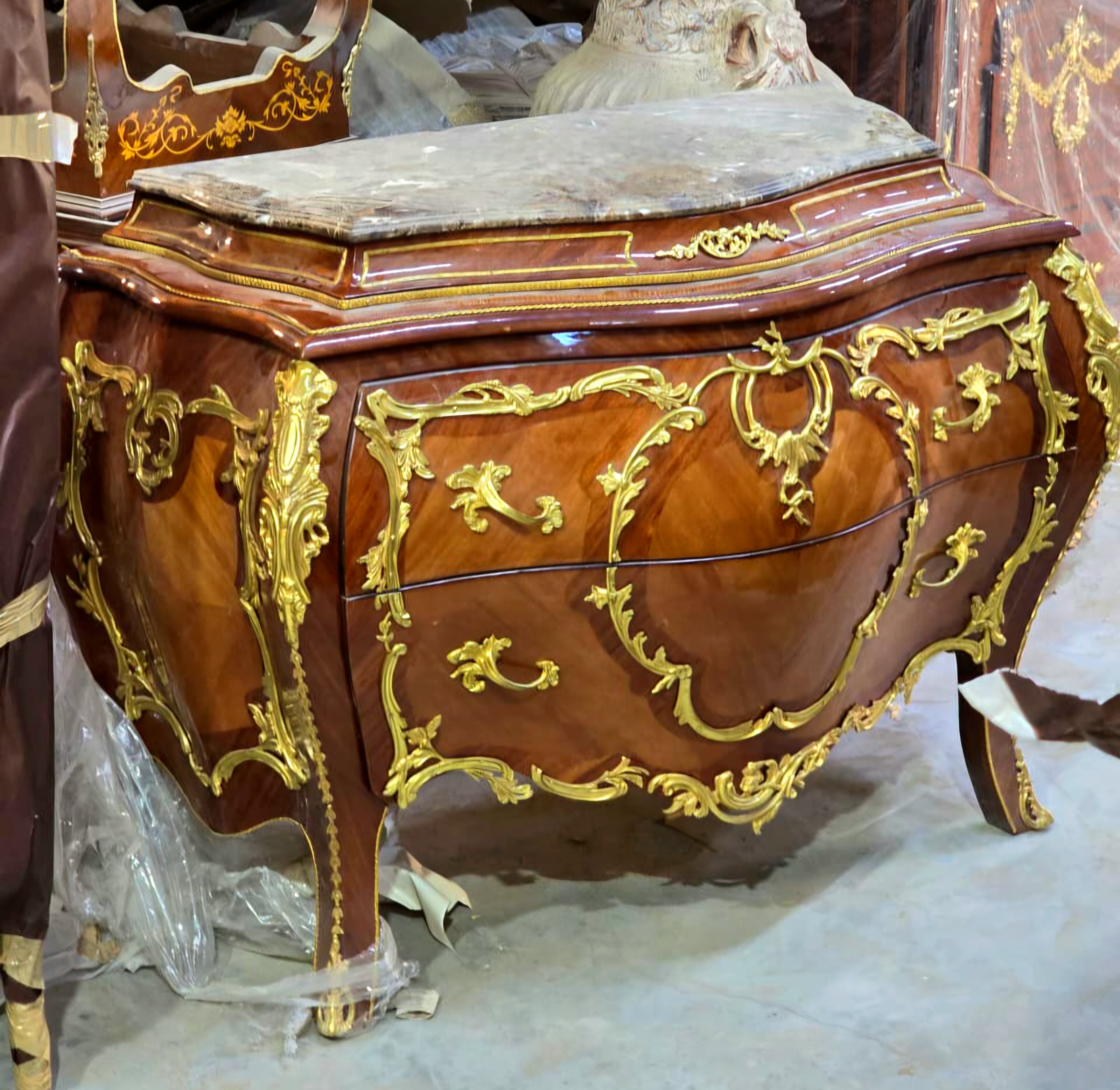 Rococo Marble Top Dresser with Hand-Carved Wood Frame, Two Spacious Drawers & Hand-Gilded Gold Leaf Details