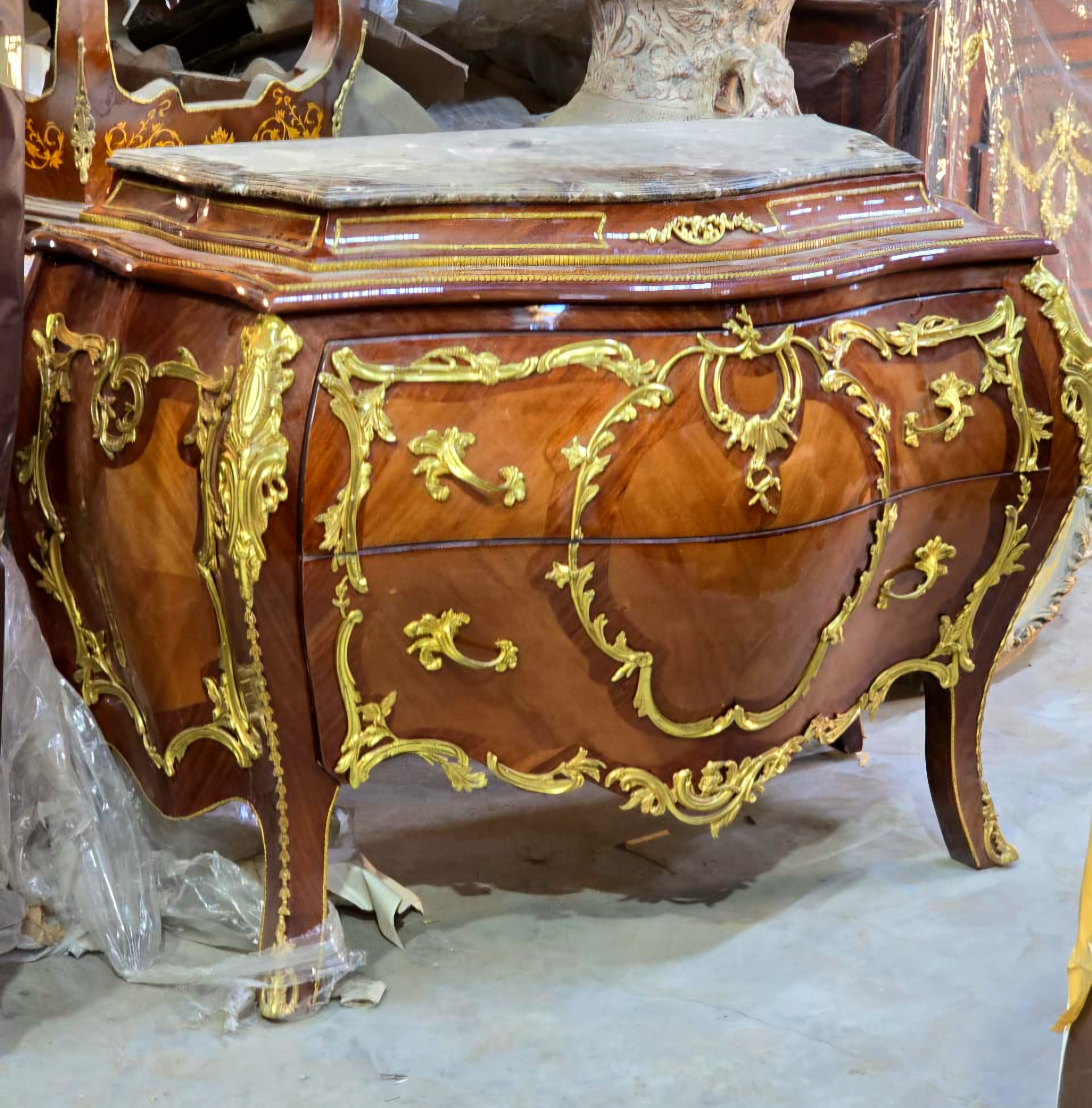 Rococo Marble Top Dresser with Hand-Carved Wood Frame, Two Spacious Drawers & Hand-Gilded Gold Leaf Details