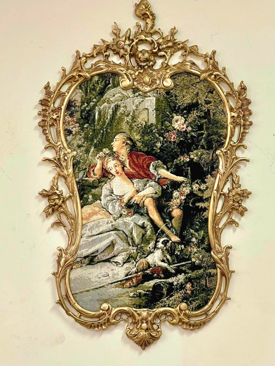 French Rococo Aristocratic Love Scene Artwork with Ornate Gold Leaf Frame