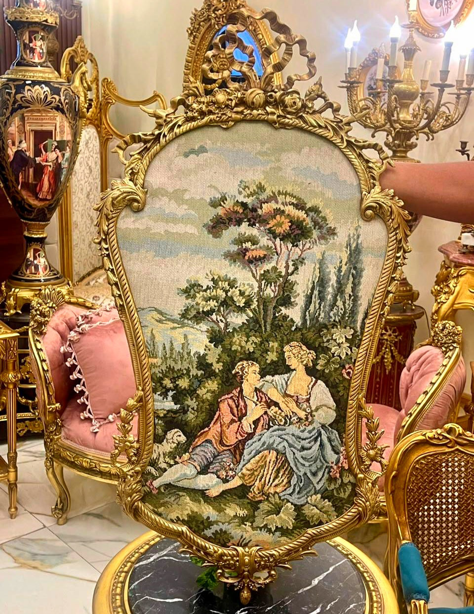 French Rococo Romantic Scene Wall Art with Hand-Finished Gold Leaf Frame