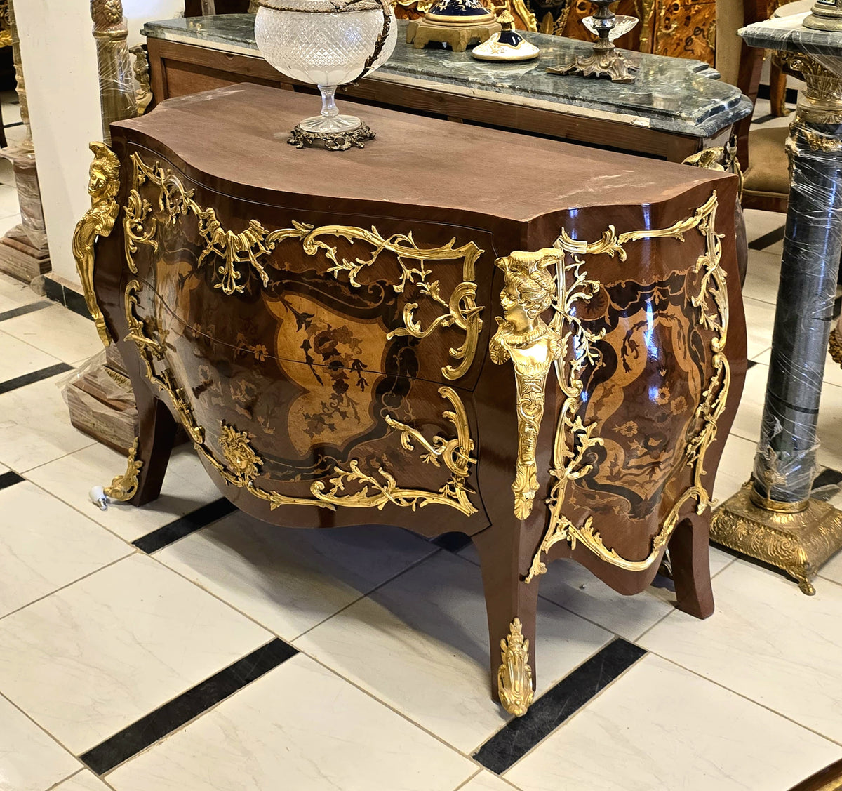 French Rococo Commode with Marble Top – Two-Drawer Burl Wood Cabinet with Gold Leaf & Bronze Details