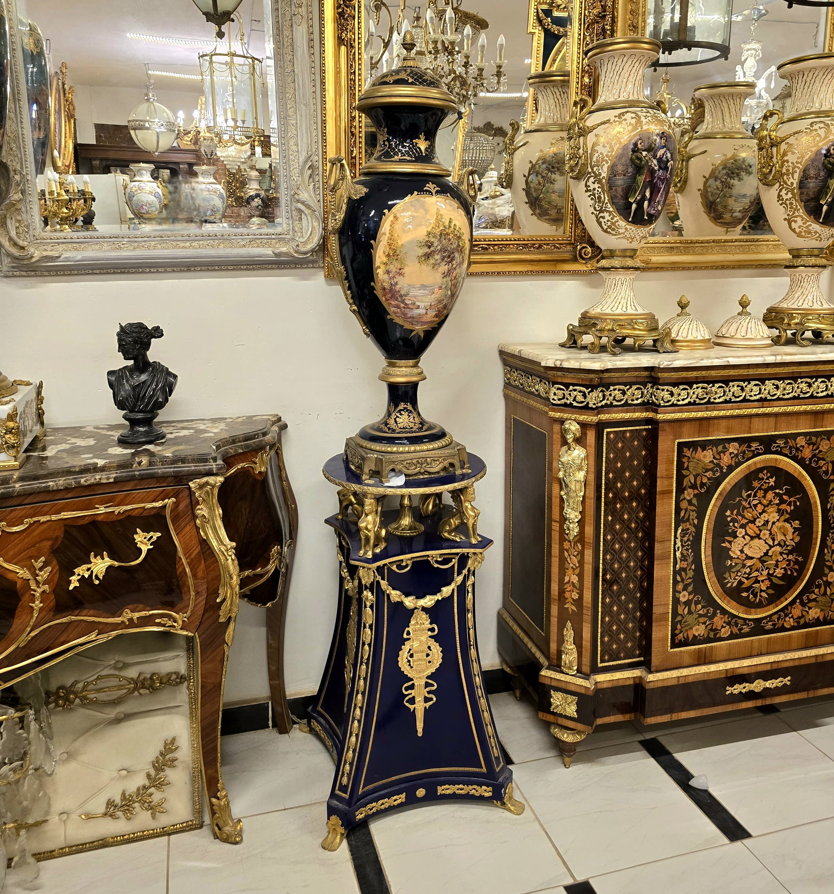 French Sevres-Style Black Porcelain Urn – Victorian Court Scene, Gold Gilding & Ornate Pedestal