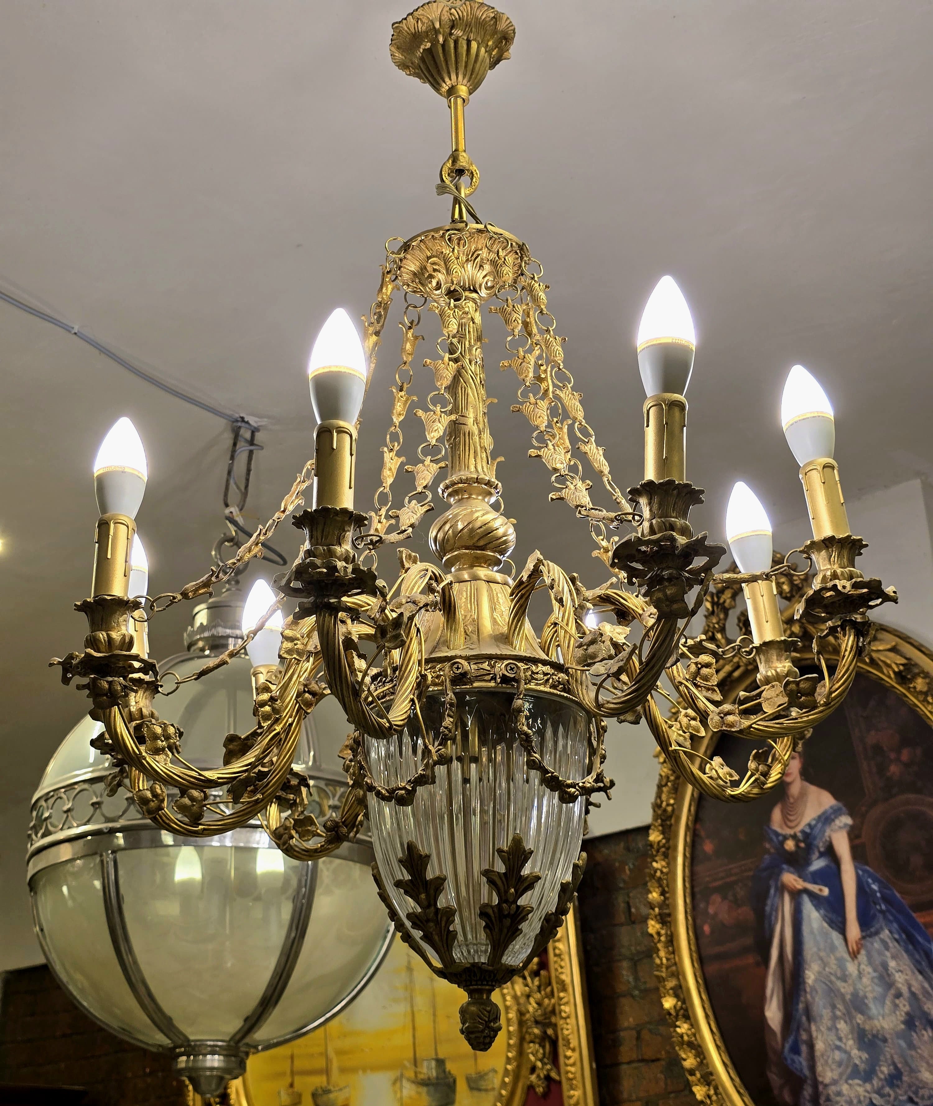 French Louis XV Gold Leaf Chandelier with Crystal Glass, Ornate Bronze Arms & 8 Lights