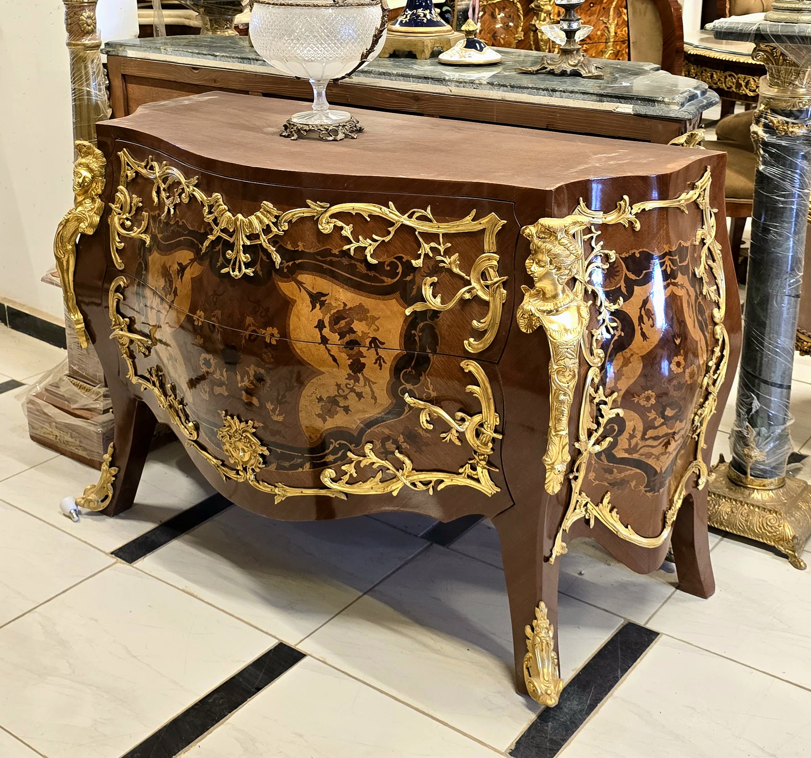 French Rococo Commode with Marble Top – Two-Drawer Burl Wood Cabinet with Gold Leaf & Bronze Details
