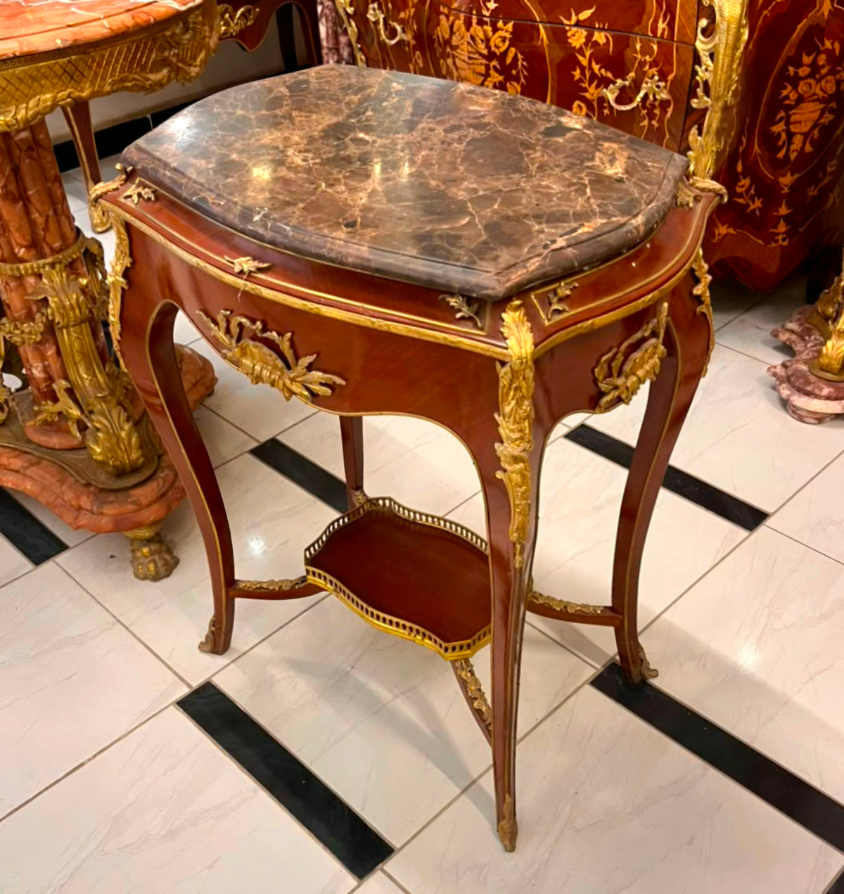 Luxury French Louis XV Style Side Table with Marble Top, Gilt Bronze Details & Cabriole Legs