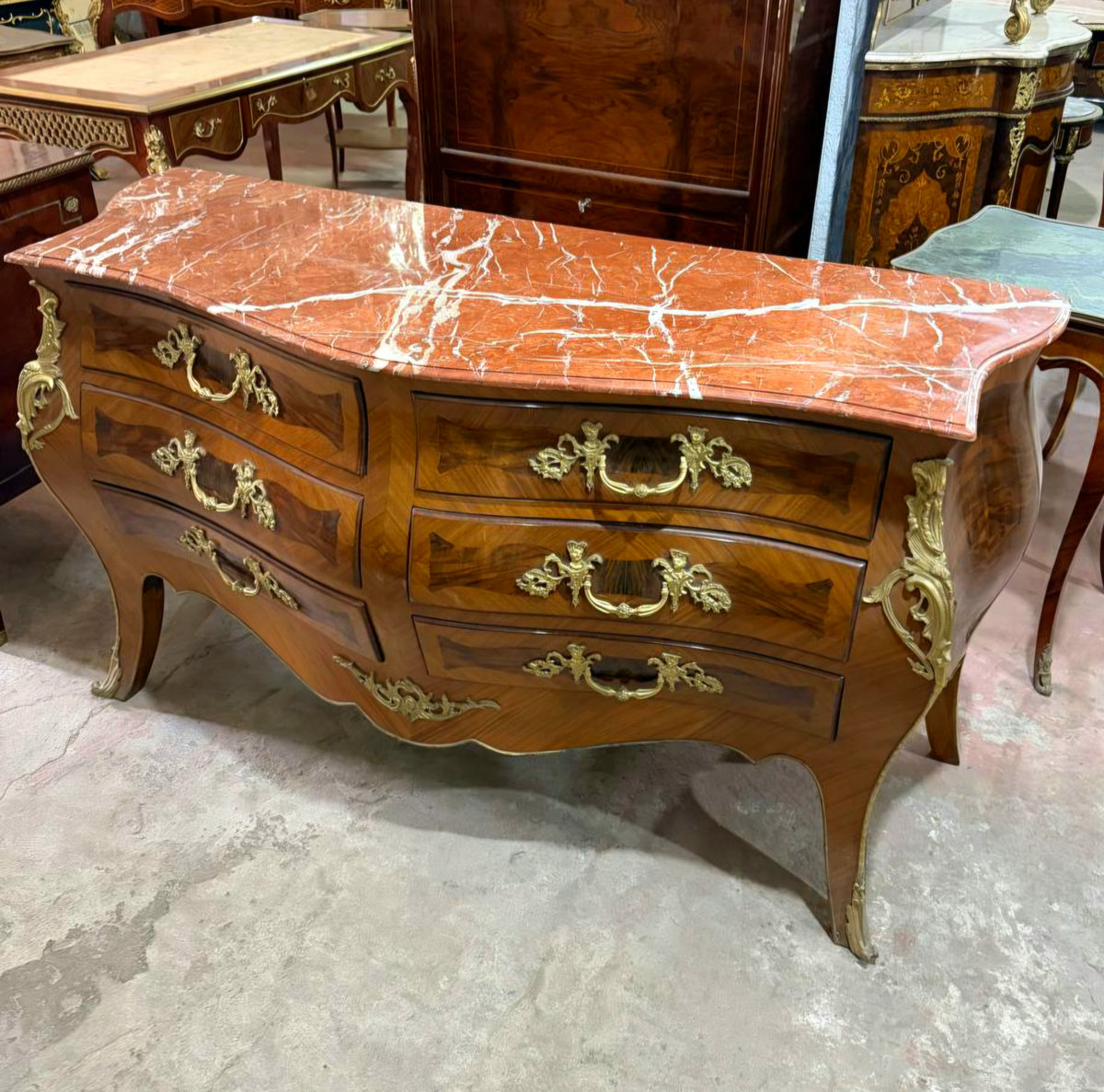 Grand French Louis XV Style Six-Drawer Commode – Rich Wood, Marble Top & Gilded Bronze Details