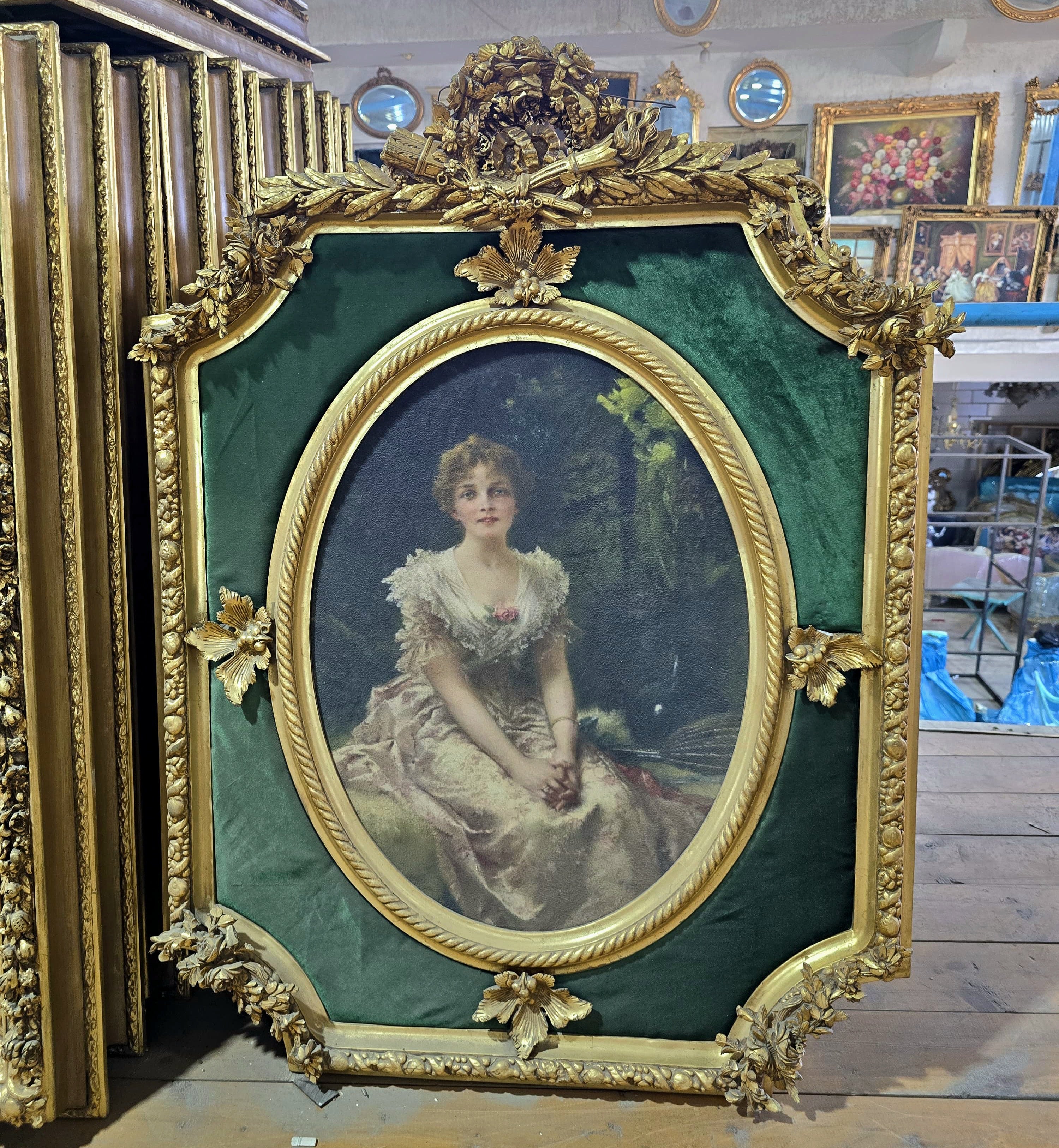 French Louis XVI Style Gold Leaf Portrait Frame with Green Velvet & Floral Ornament – Ornate European Wall Art