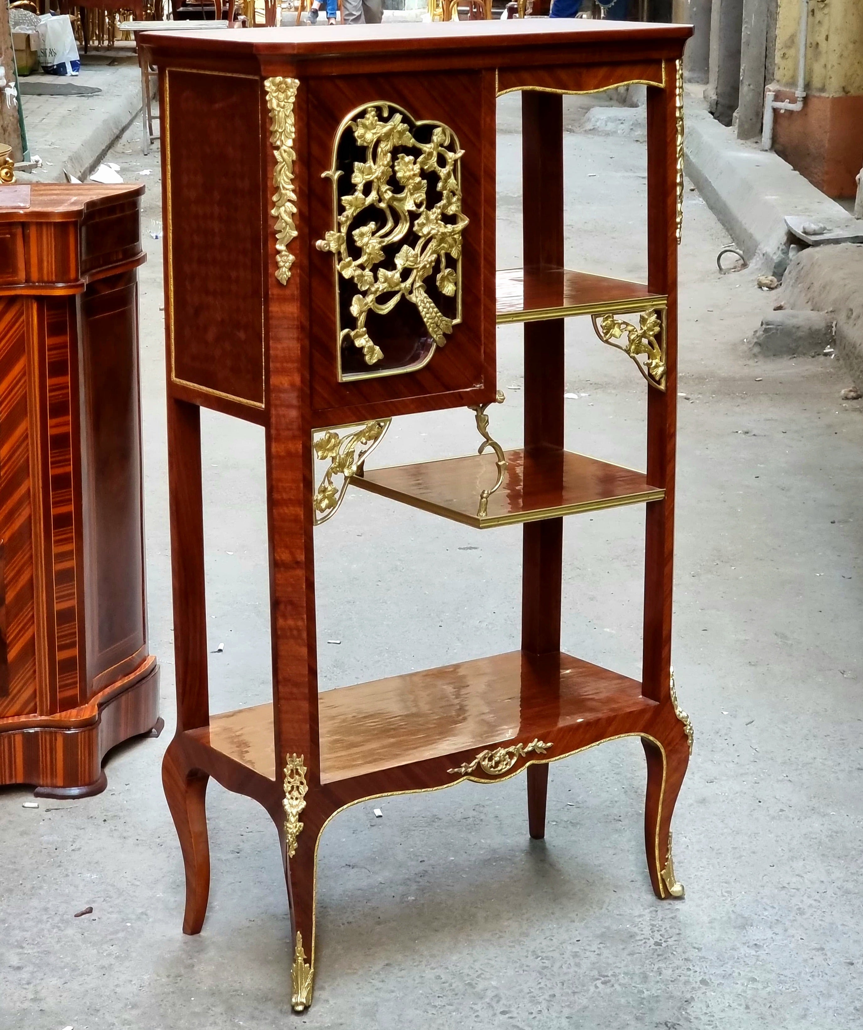 French Louis XVI Étagère – Mahogany Display Cabinet with Gilded Bronze Ormolu Details