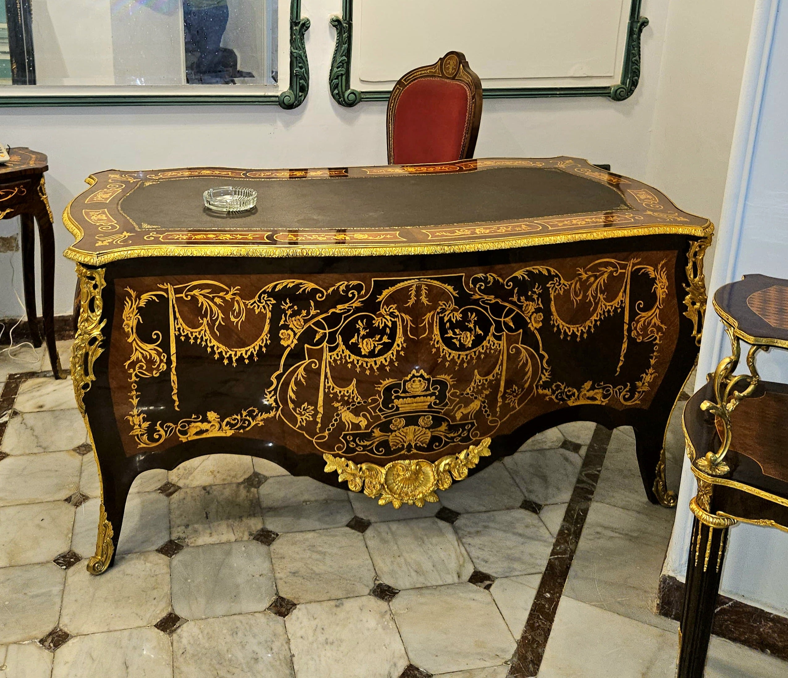Grand French Rococo Writing Desk – Ornate Black Lacquer Desk with Gold Leaf & Bronze Details
